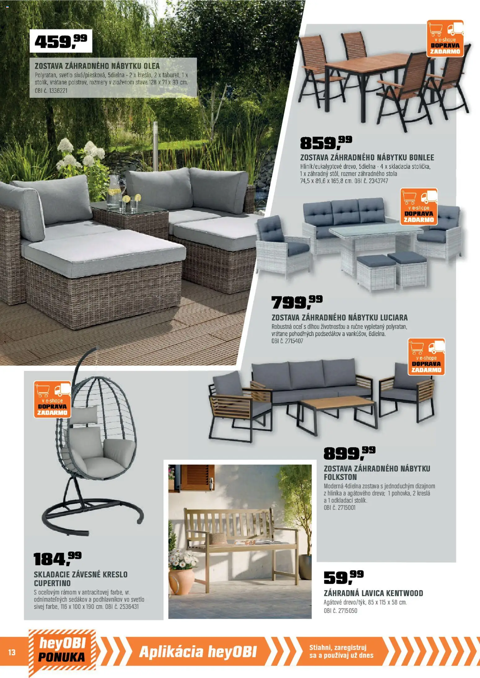 Nové OBI akcie – leták je platný od 01.04.2026 | Strana: 14 | Produkty: Kreslá, Svetlo, Závesne kreslo, Lavica