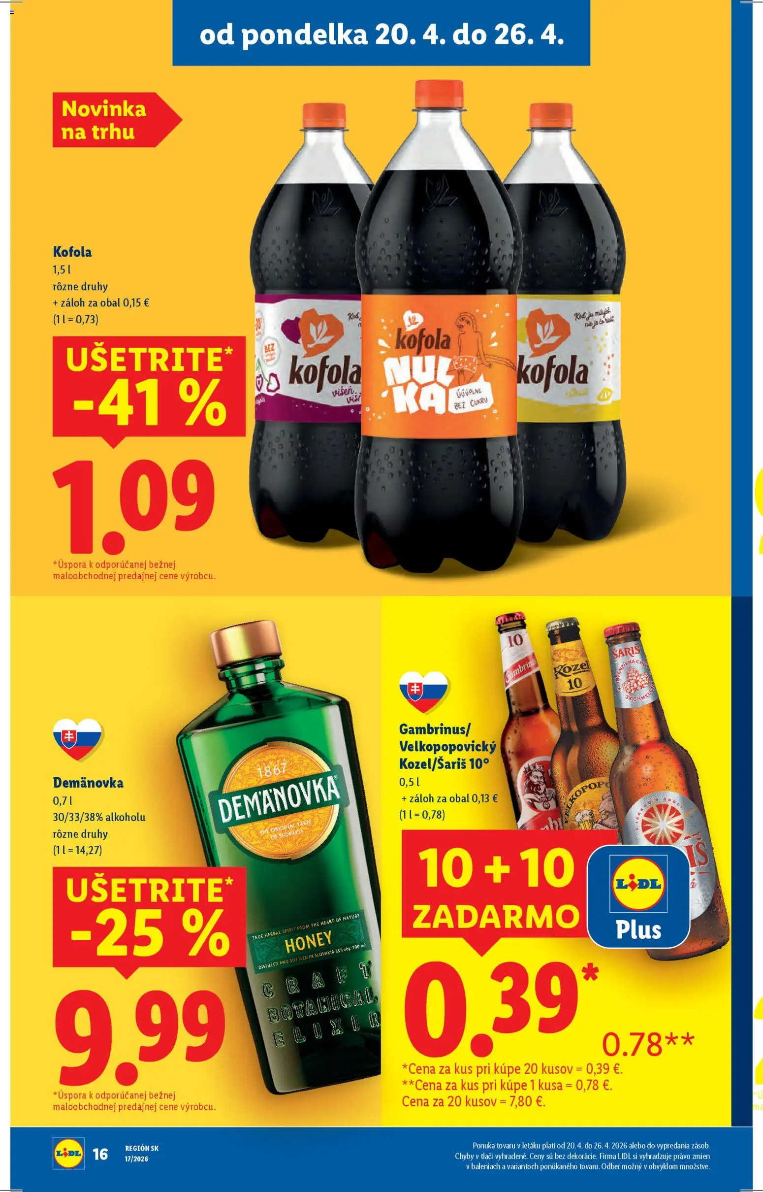 Nové Lidl akcie – leták je platný od 20.04.2026 | Strana: 16 | Produkty: Kofola, Šariš, Gambrinus