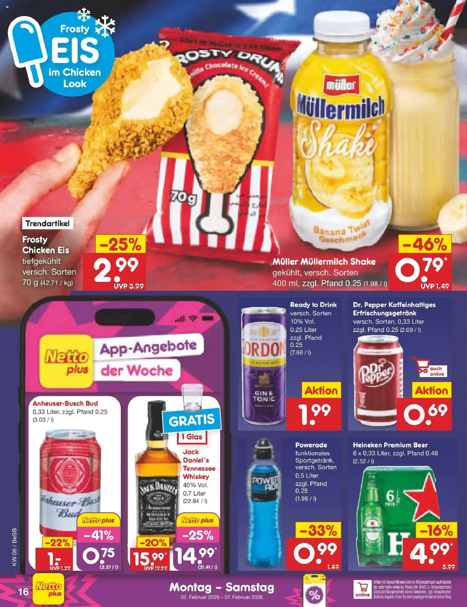 Netto Marken-Discount prospekt Kremmen	 – gültig ab 02.02.2026 | Seite: 16 | Produkte: Heineken, Powerade, Muller mullermilch, Eis