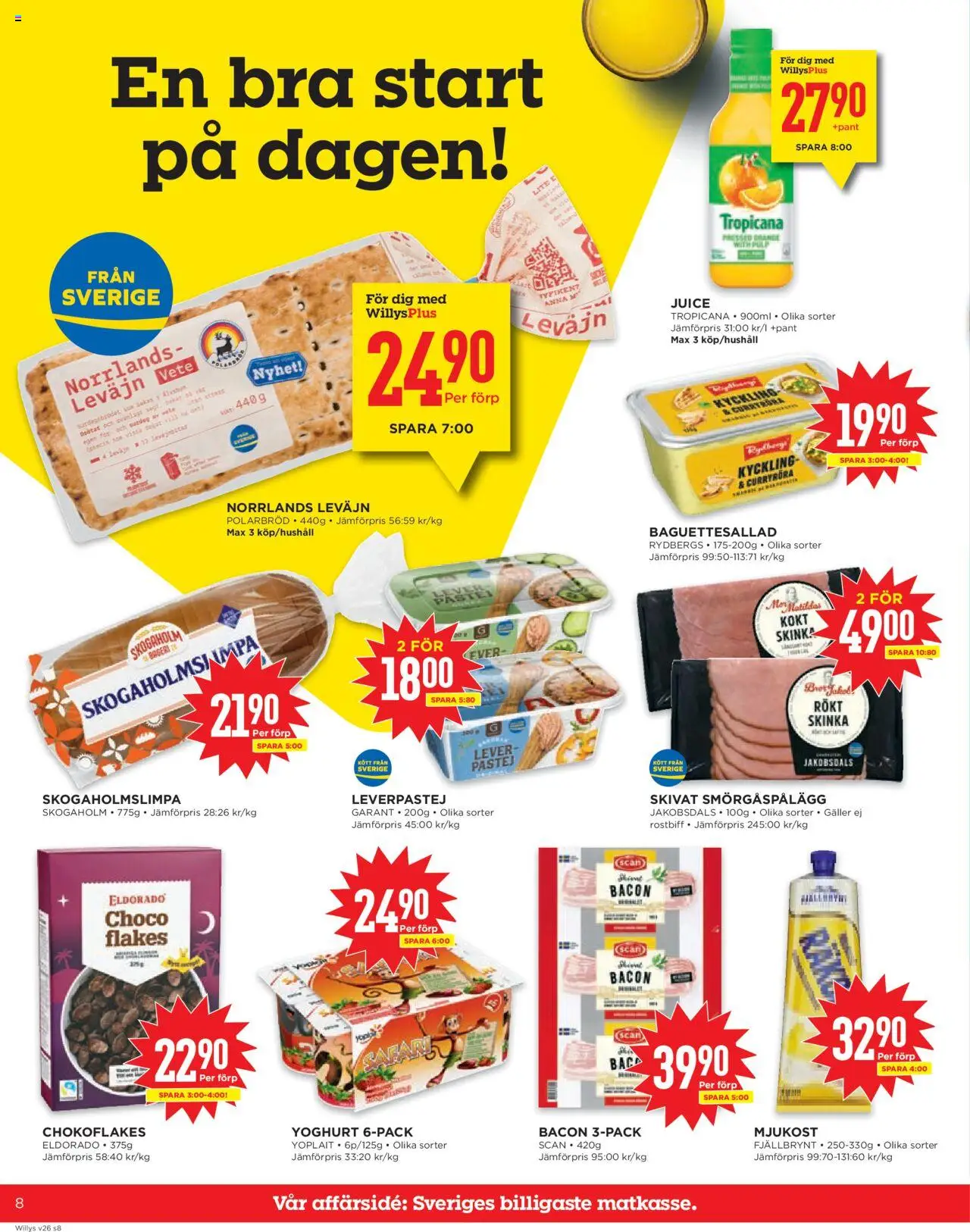 Willys reklamblad aktuell från 23.06.2025 | Sida: 8 | Produkter: Bacon, Smörgåspålägg, Yoghurt, Juice