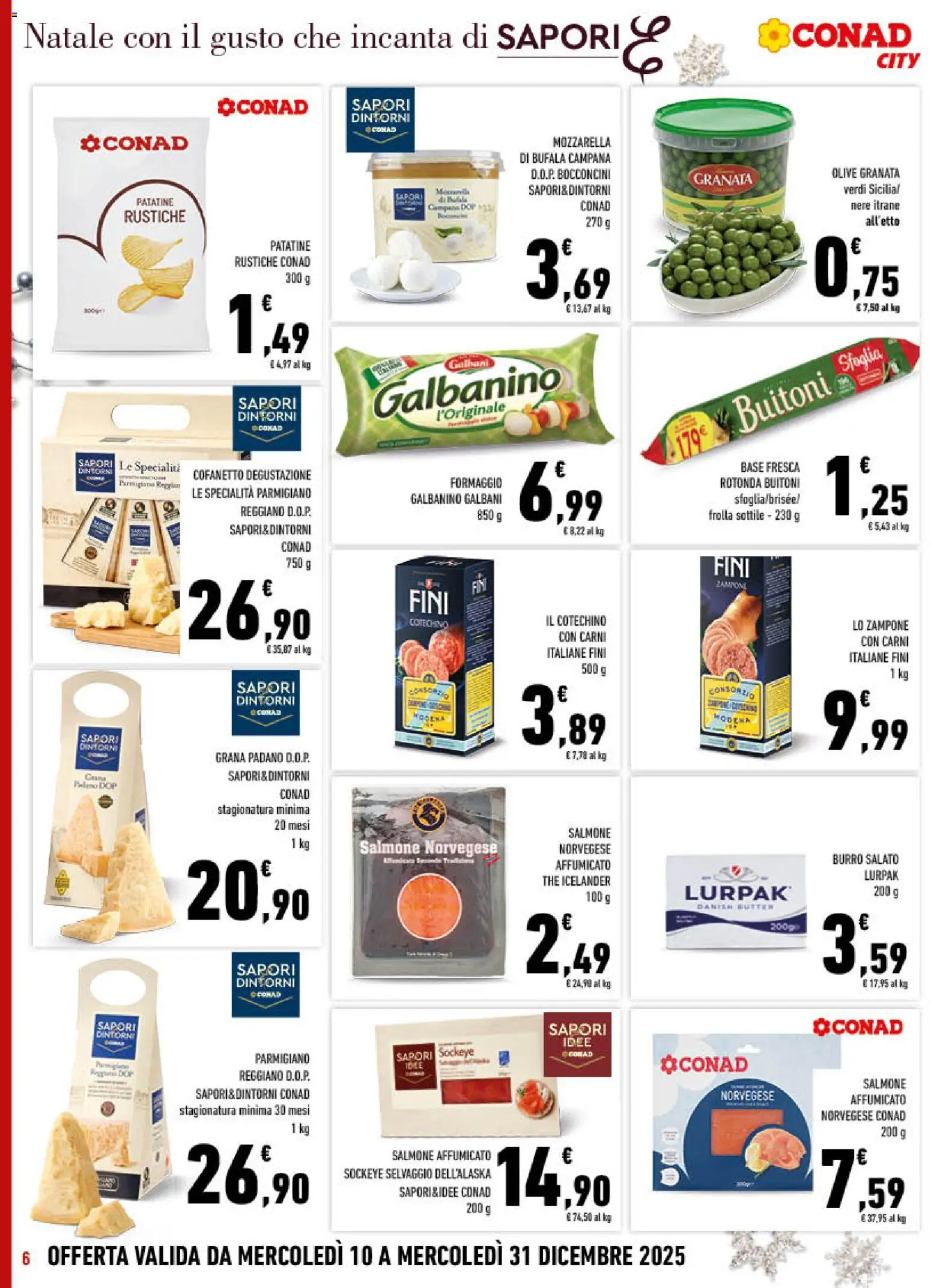 Volantino Conad del 10.12.2025 | Pagina: 6 | Prodotti: Salmone affumicato, Mozzarella, Burro, Parmigiano reggiano