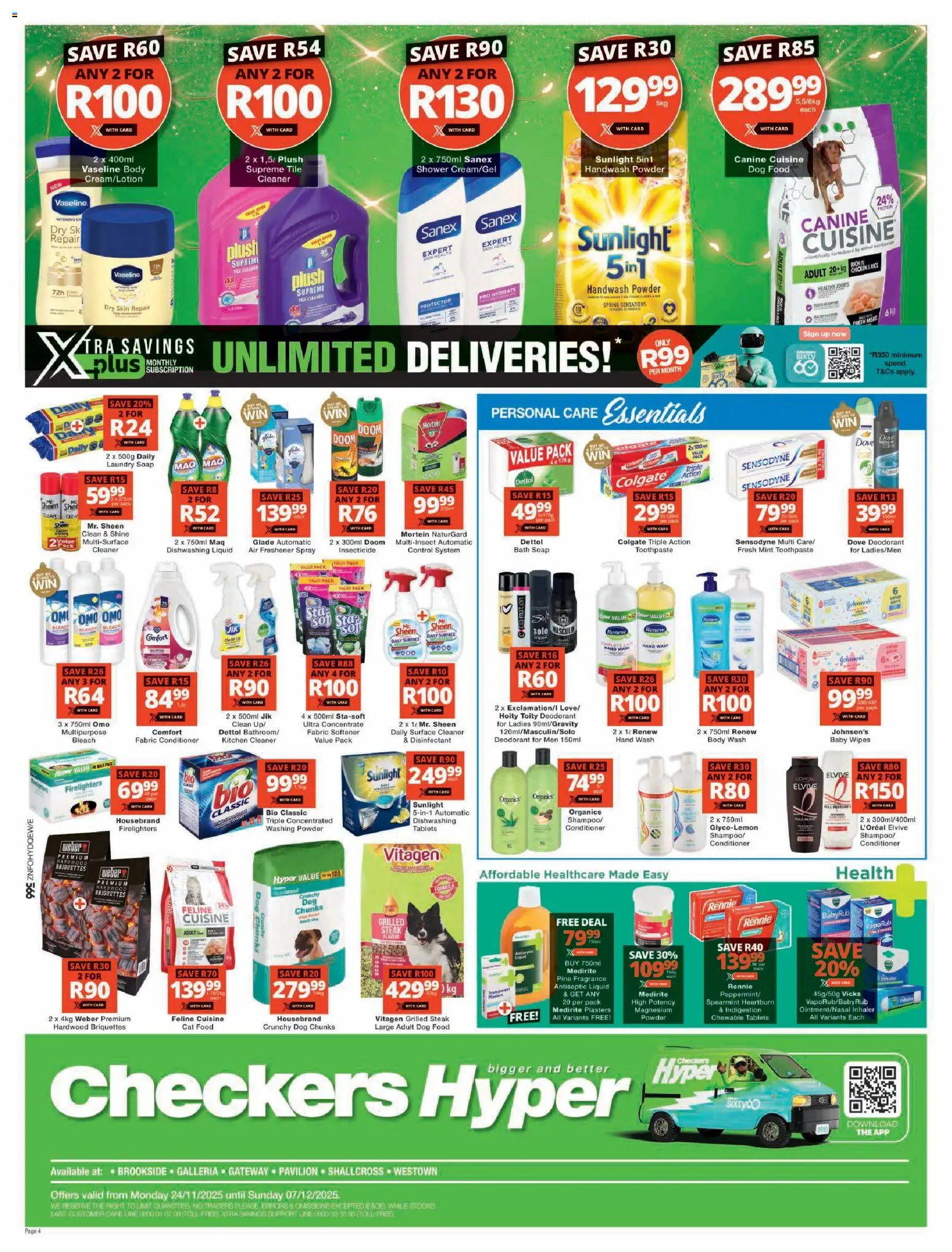 New Checkers catalogue – valid from 24.11.2025 | Page: 4 | Products: Handwash, Steak, Body wash, Cat food
