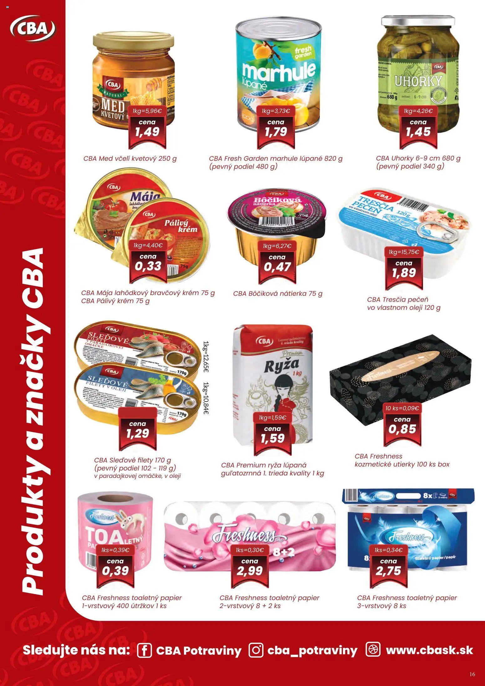 Nové CBA Komfos akcie – leták je platný od 15.12.2025 | Strana: 16 | Produkty: Ryža, Toaletný papier, Krém, Med