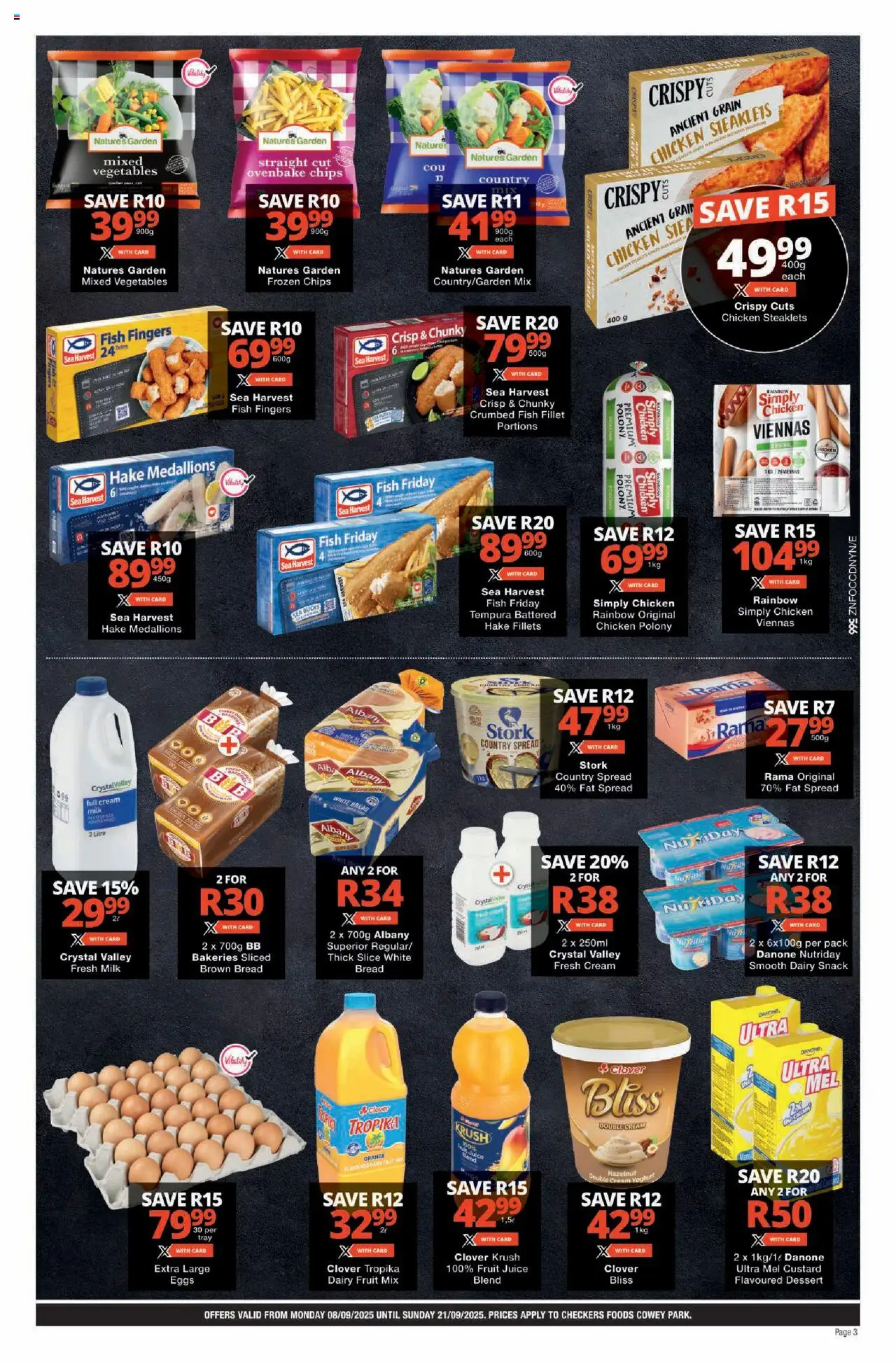 New Checkers catalogue – valid from 08.09.2025 | Page: 3 | Products: Eggs, Juice, Fish, Chips