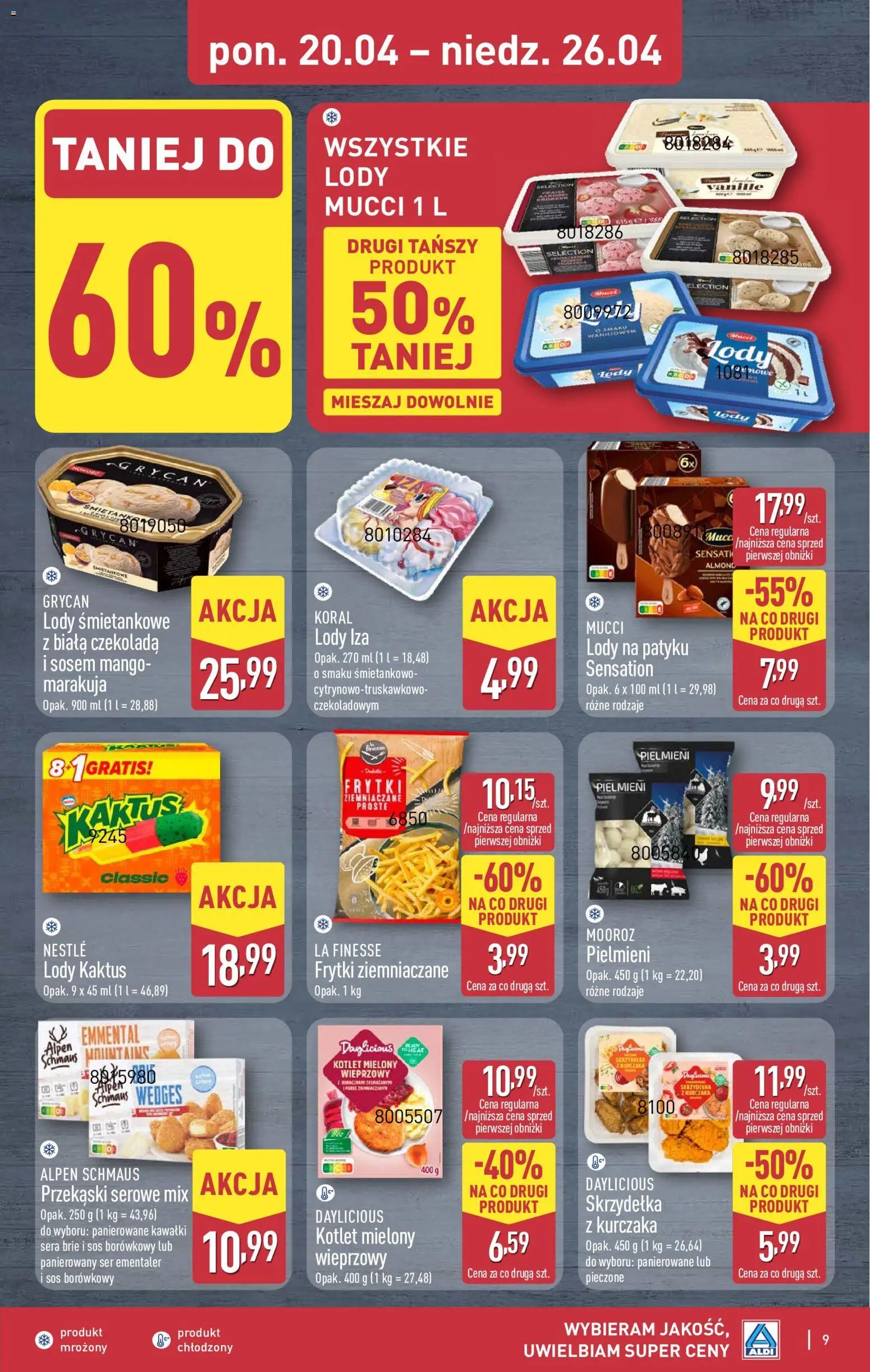 Aldi gazetka od 20.04.2026 | Strona: 9 | Produkty: Lody na patyku, Czekolada, Frytki, Lody