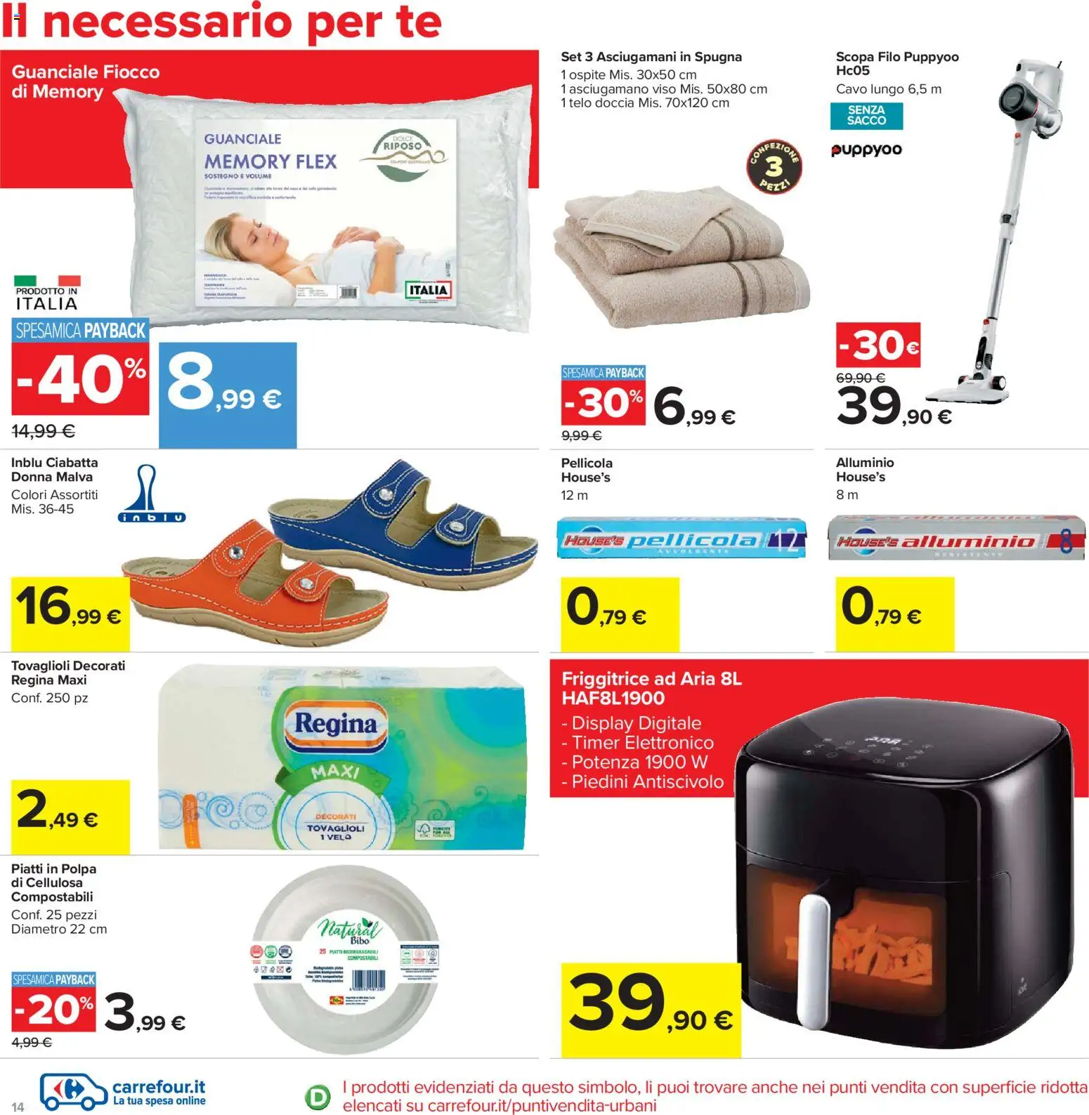 Volantino Carrefour del 13.03.2026 | Pagina: 14 | Prodotti: Spugna, Pellicola, Asciugamano, Guanciale