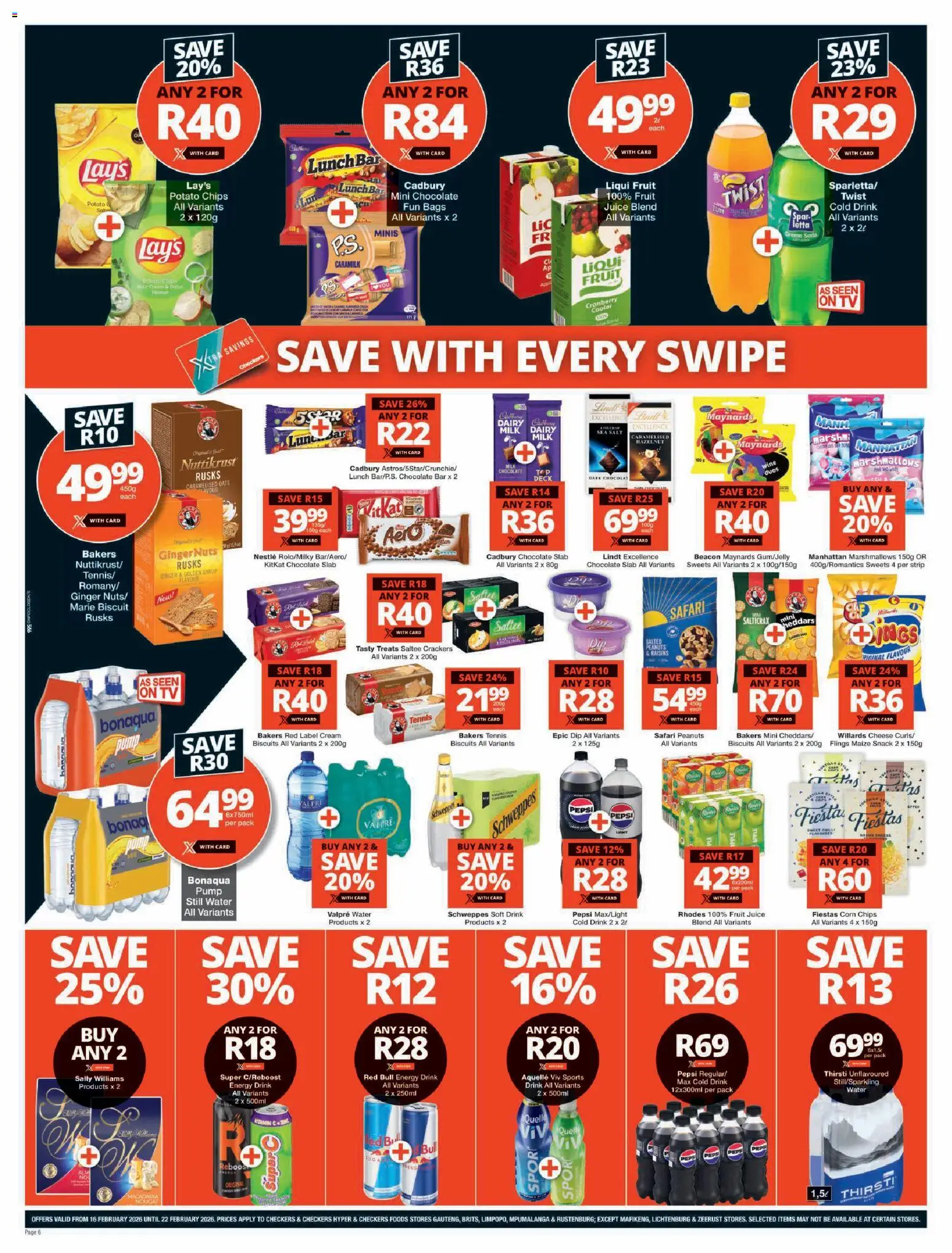 New Checkers catalogue – valid from 16.02.2026 | Page: 6 | Products: Corn, Chocolate, Chips, Peanuts