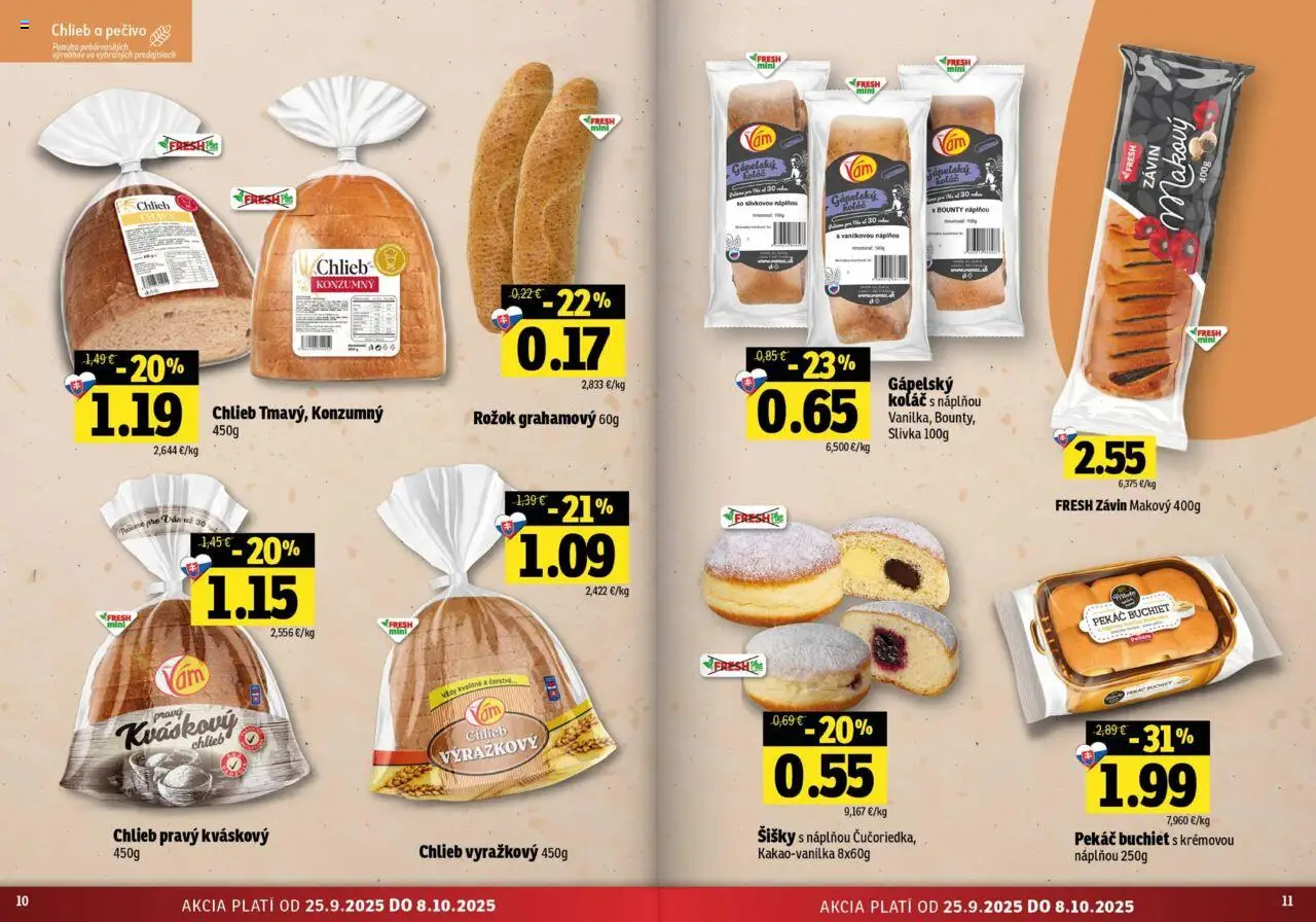Nové Fresh akcie – leták je platný od 25.09.2025 | Strana: 6 | Produkty: Rožok, Závin, Šišky, Koláč