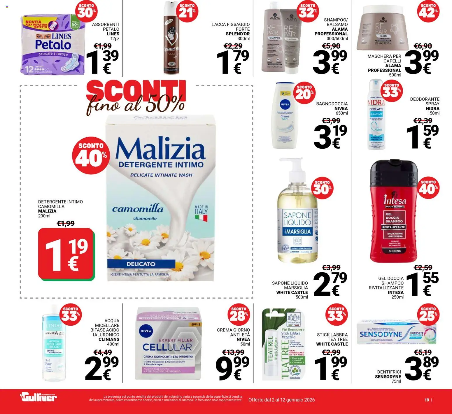Volantino Gulliver del 02.01.2026 | Pagina: 19 | Prodotti: Shampoo, Maschera per capelli, Lacca, Intimo