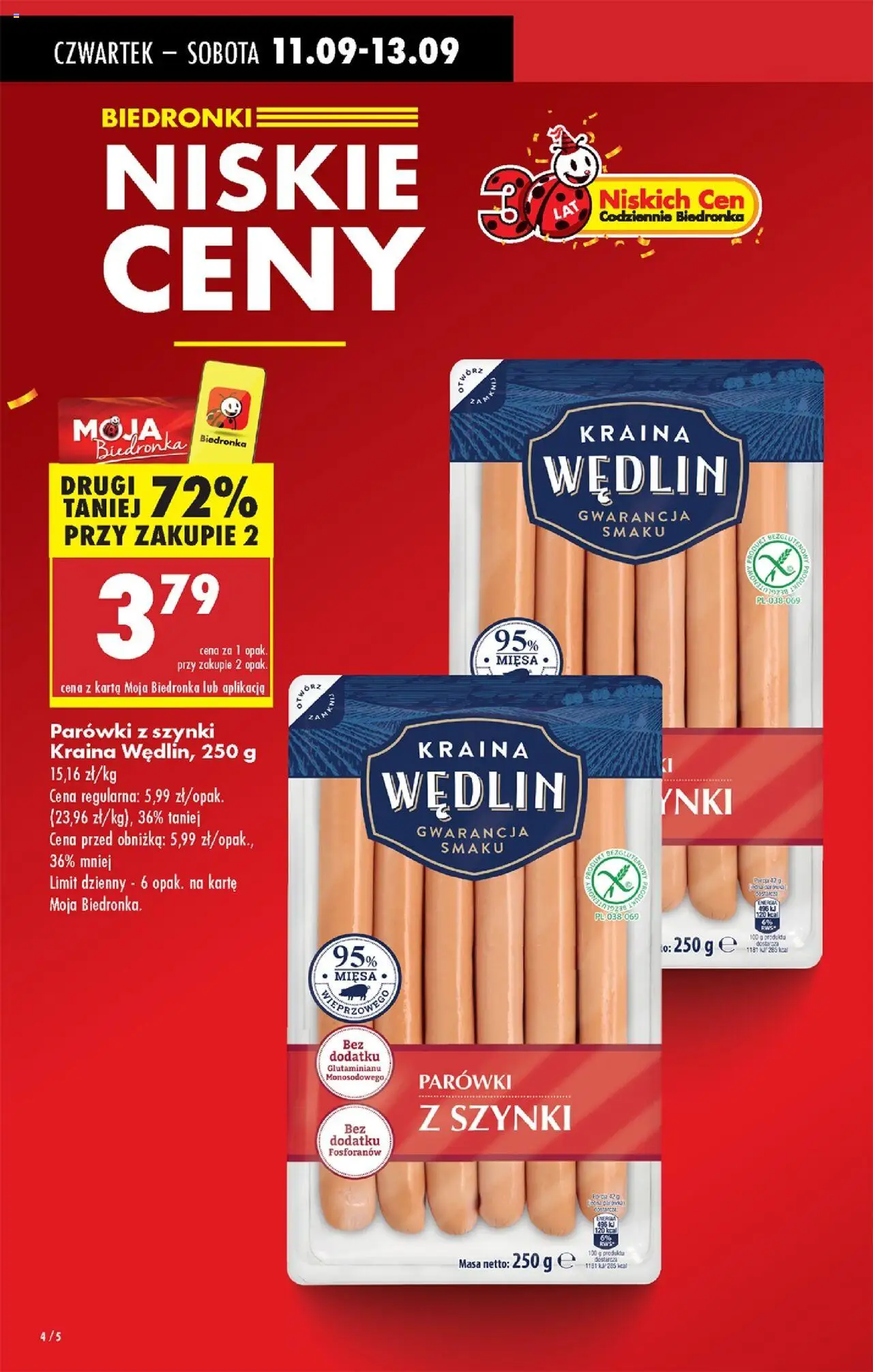 Biedronka gazetka - Oferta w tym tygodniu od 11.09.2025 | Strona: 4 | Produkty: Karta, Parówki z szynki, Parówki