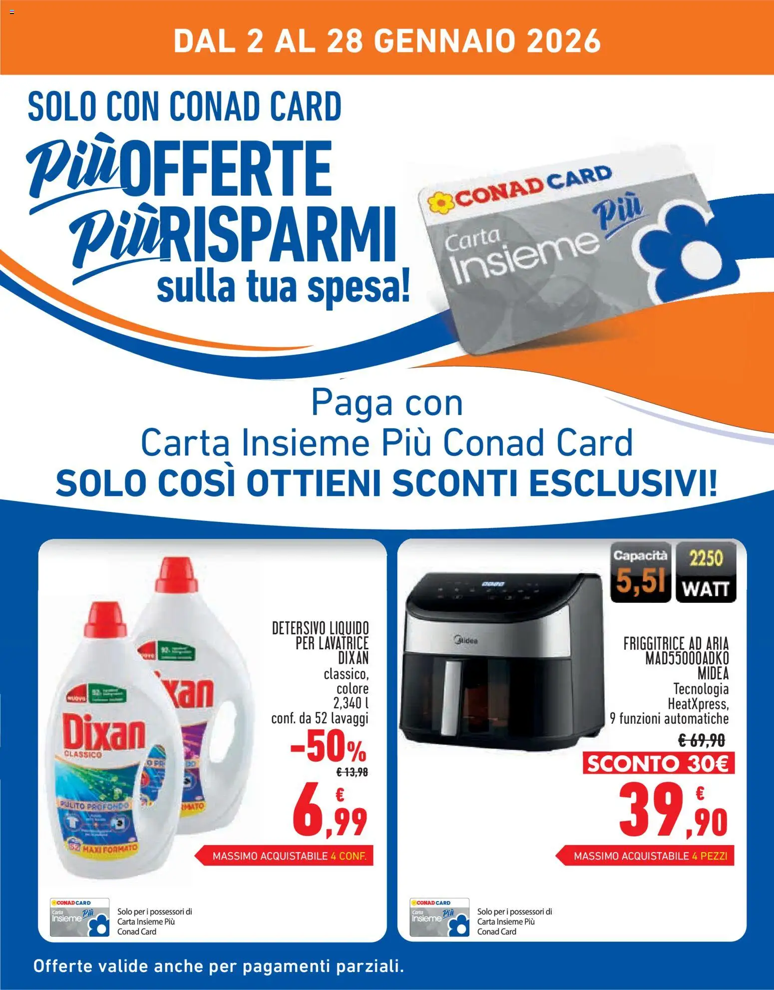 Volantino Conad del 02.01.2026 | Pagina: 2 | Prodotti: Friggitrice ad aria, Lavatrice, Friggitrice
