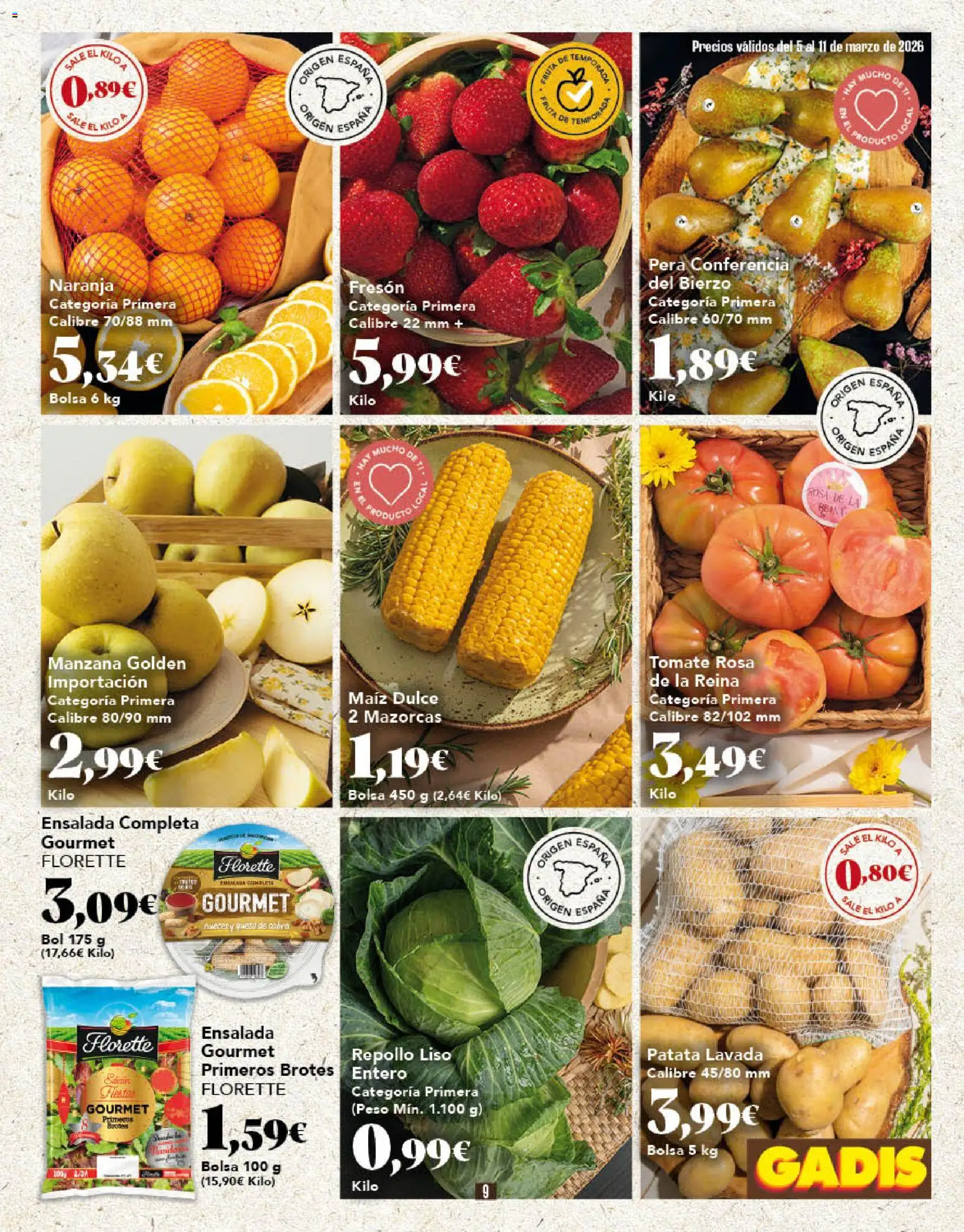 Gadis folleto │ válido desde el 05.03.2026 | Página: 9 | Productos: Queso, Manzana, Ensalada, Bolsa