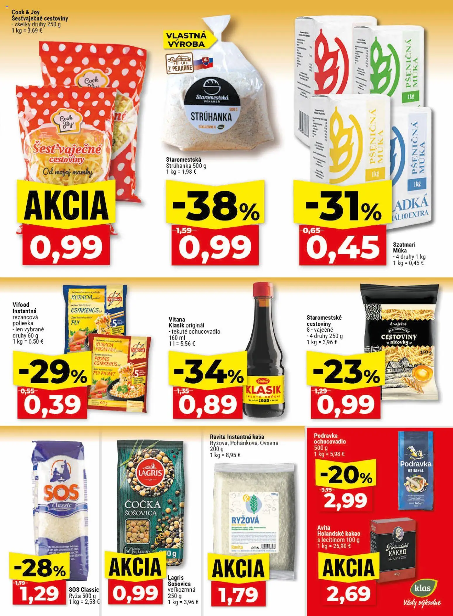 Nové Klas akcie – leták je platný od 27.04.2026 | Strana: 14 | Produkty: Pekáreň, Ryža, Cestoviny, Kakao