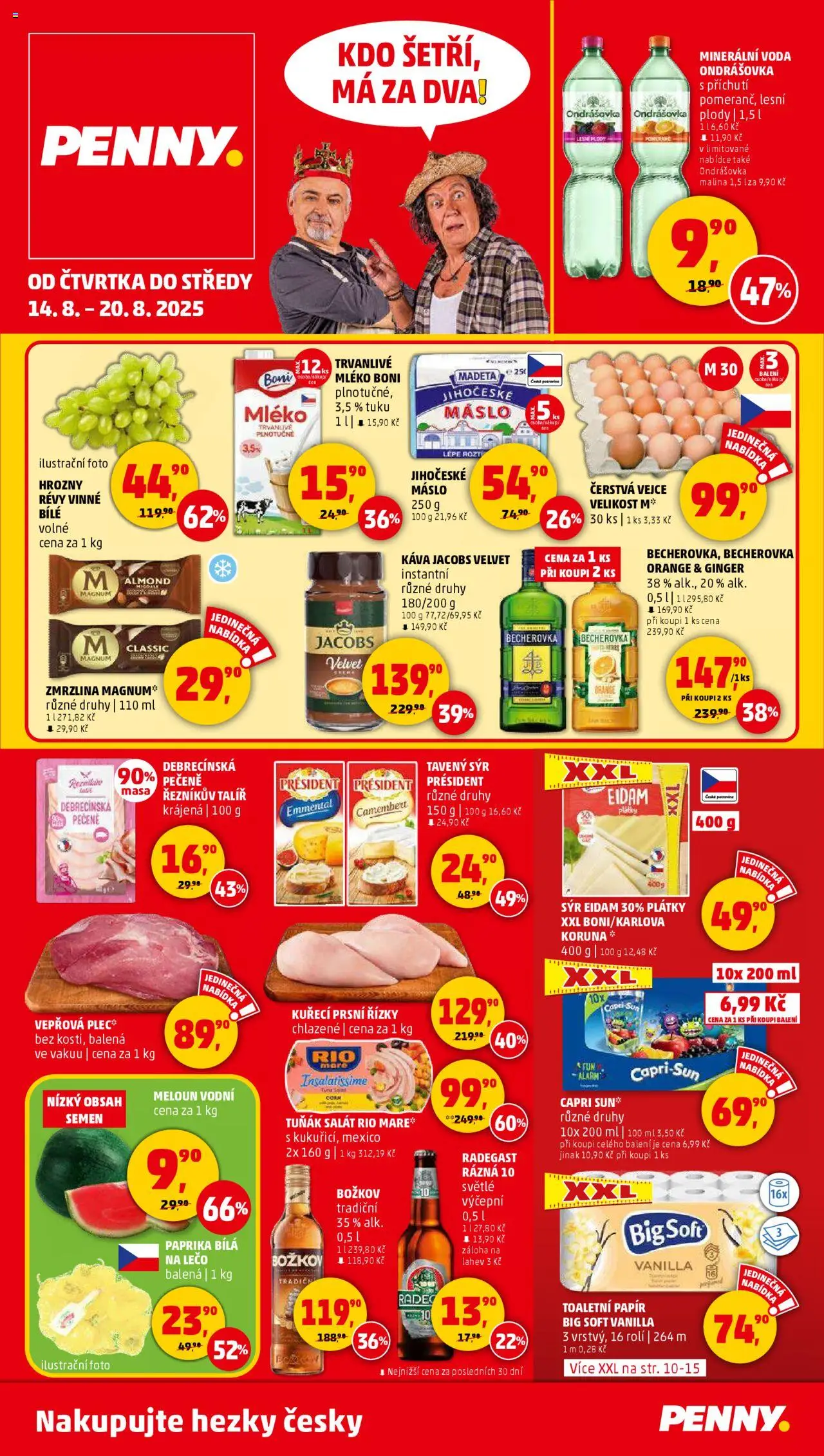 Penny Market leták - Čtvrtečník od 14.08.2025 | Strana: 1 | Produkty: Voda, Vejce, Toaletní papír, Becherovka