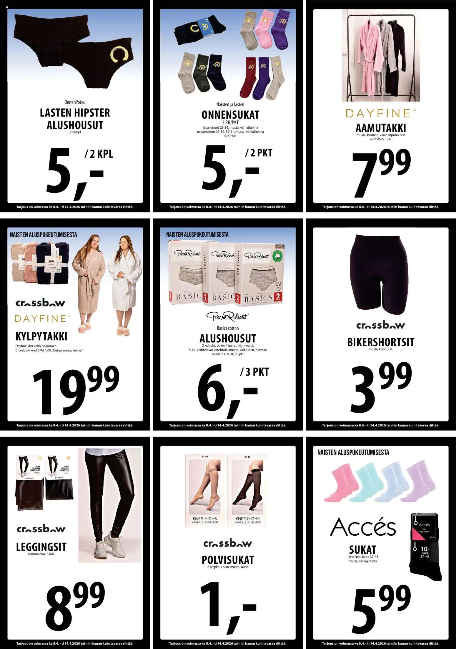 Tuuri tarjoukset – voimassa 08.04.2026 alkaen | Sivu: 18 | Tuotteet: Sukat, Leggingsit, Kylpytakki, Polvisukat
