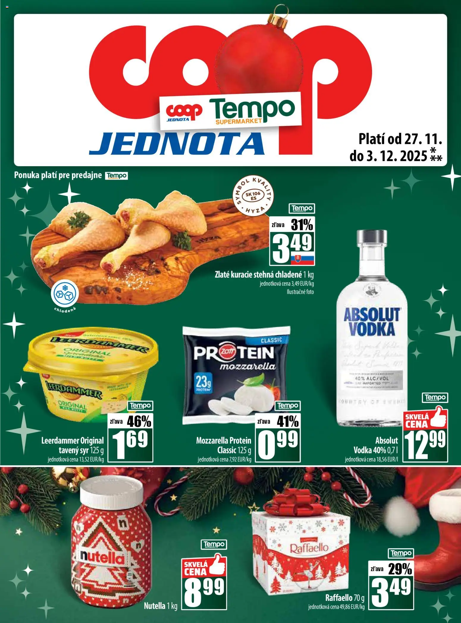 Nové COOP Jednota akcie – leták je platný od 27.11.2025 | Strana: 29 | Produkty: Mozzarella, Protein, Vodka, Absolut vodka