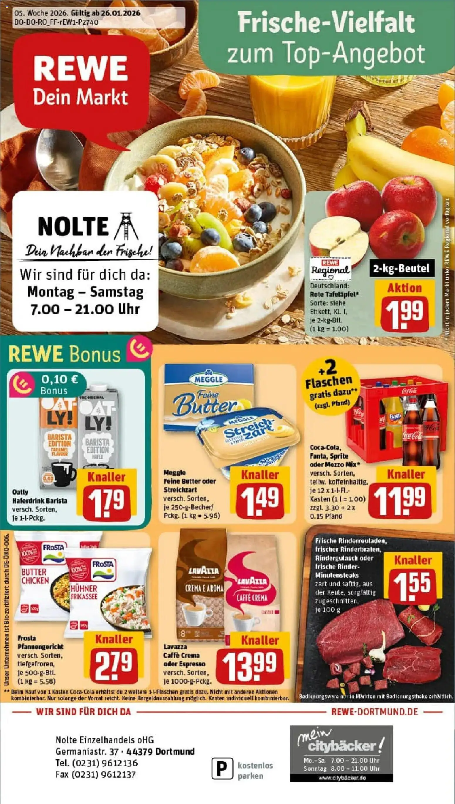 Rewe prospekt Dortmund	 – gültig ab 26.01.2026 | Seite: 1 | Produkte: Rindergulasch, Lavazza, Sprite, Haferdrink