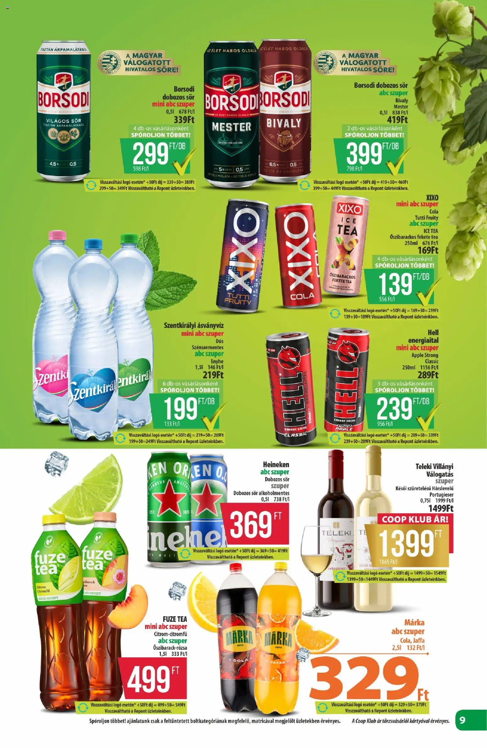 COOP akciós ujság - amely érvényes a következő dátumtól: 22.01.2026 | Oldal: 9 | Termékek: Heineken, Ice tea, Cola, Ásványvíz