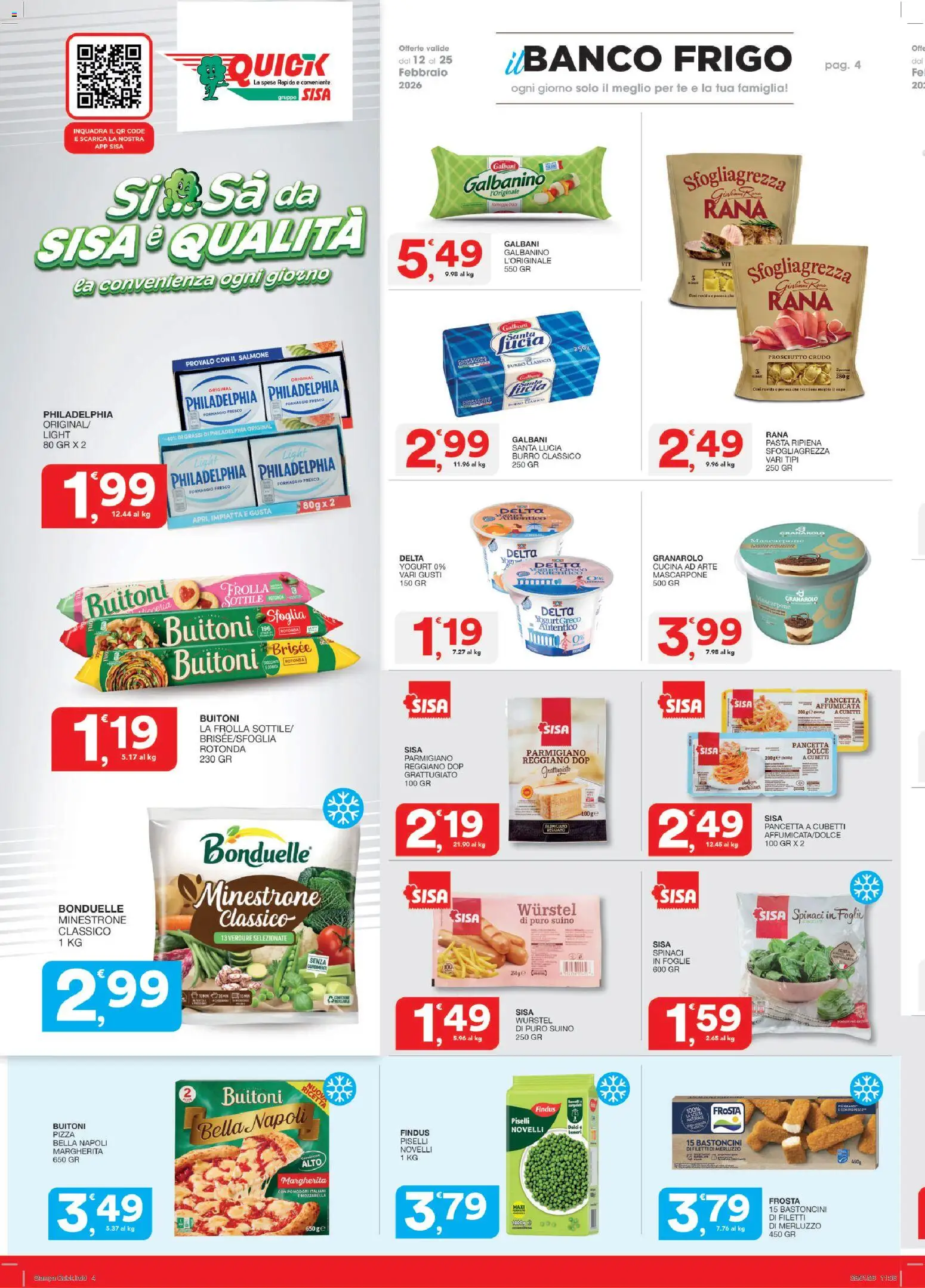 Volantino SISA del 12.02.2026 | Pagina: 4 | Prodotti: Minestrone, Prosciutto Crudo, Mozzarella, Parmigiano