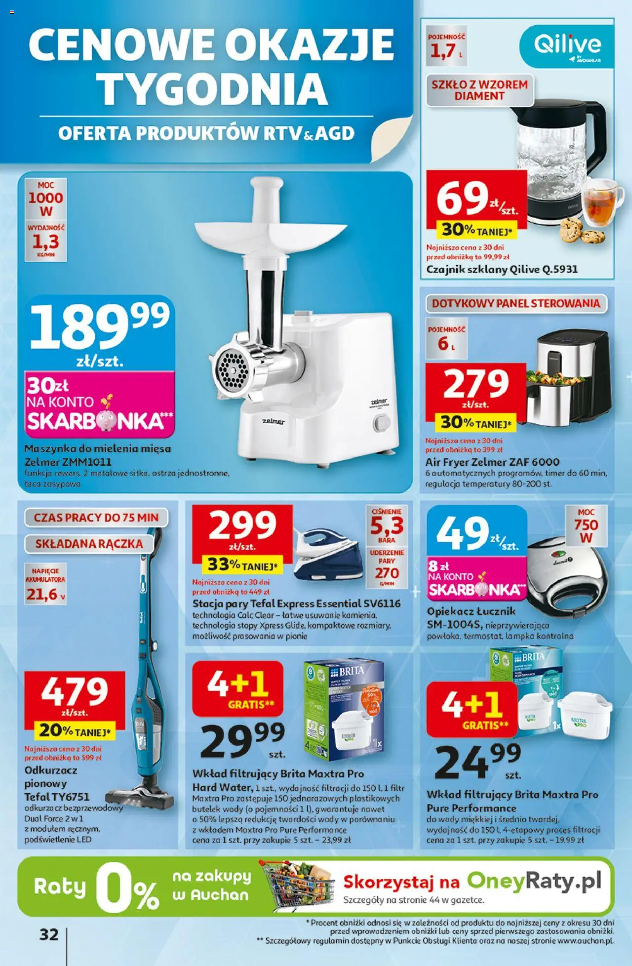 Auchan Gazetka - Wielkie przeboje cenowe Hipermarket od 09.10.2025 | Strona: 32 | Produkty: Maszynka do mielenia mięsa, Czajnik, Odkurzacz, Tefal