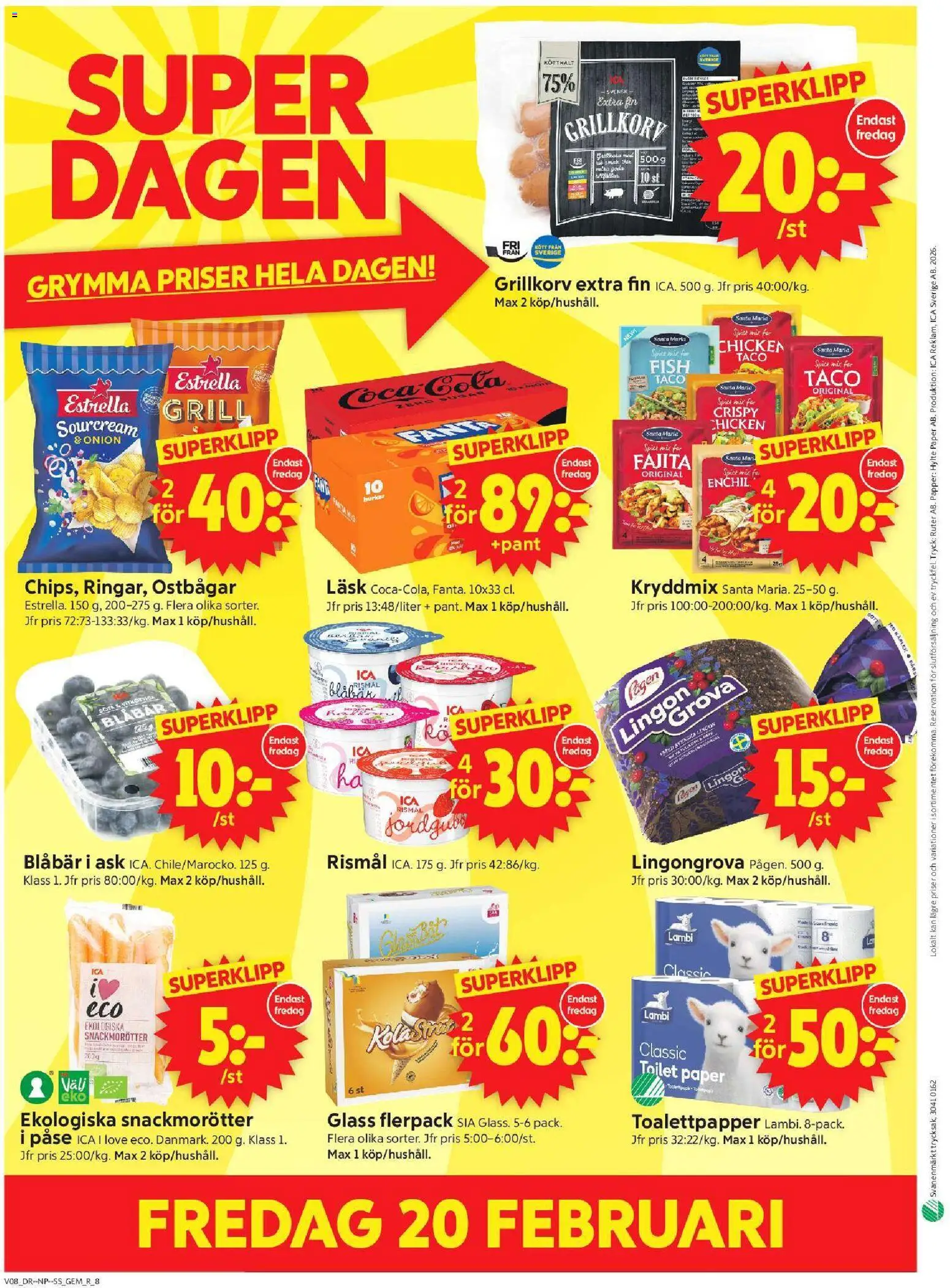 ICA Supermarket reklamblad aktuell från 16.02.2026 | Sida: 10 | Produkter: Ostbågar, Grillkorv, Papper, Glass