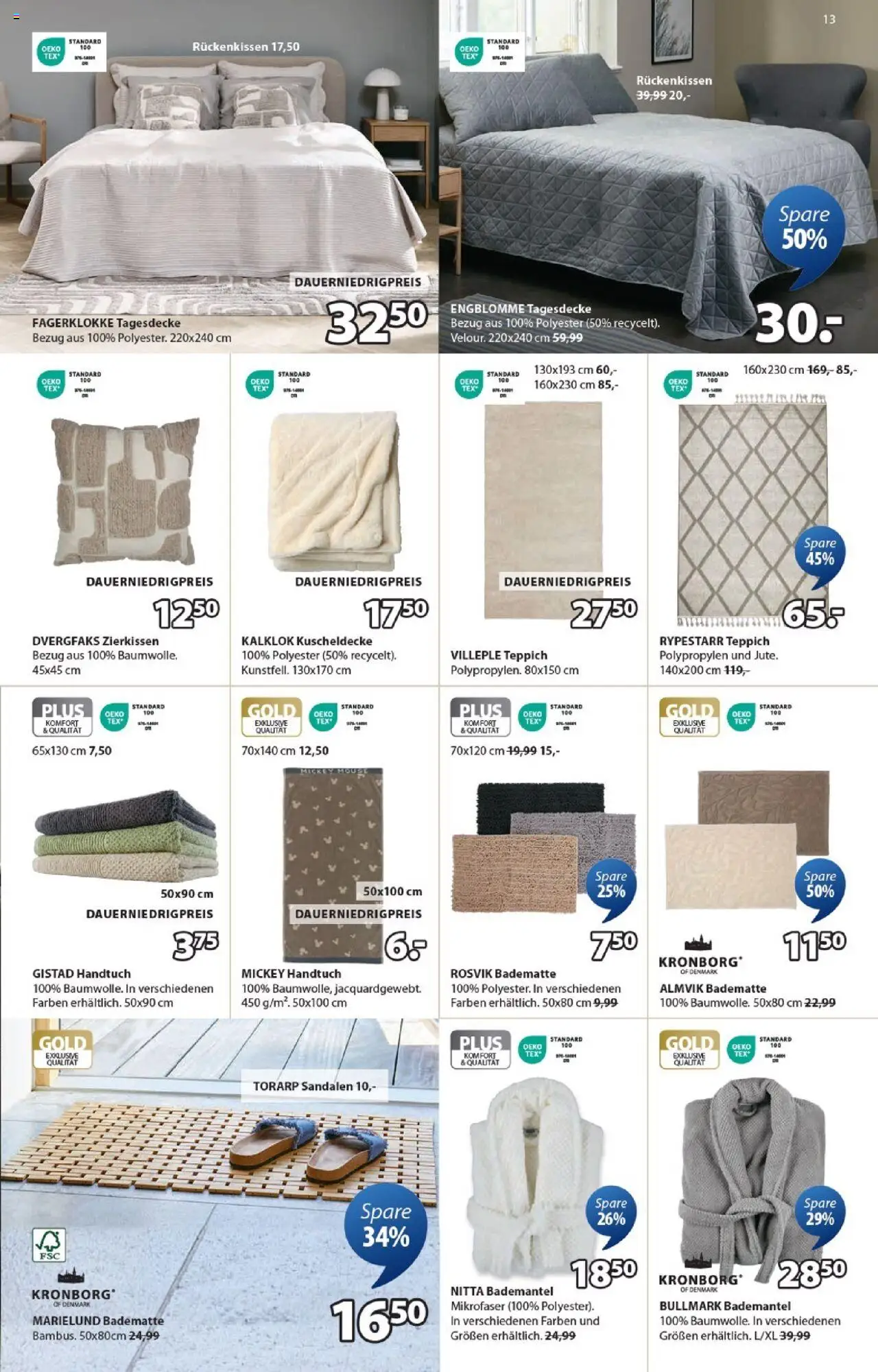 Angebote JYSK - gültig ab dem 17.08.2025 | Seite: 13 | Produkte: Tagesdecke, Teppich, Bademantel, Sandalen