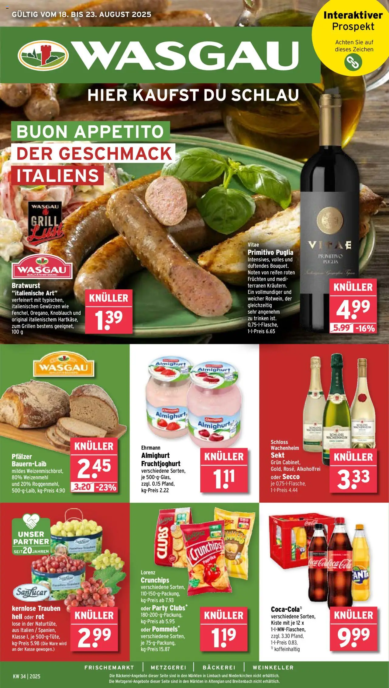 Wasgau Prospekt 	 - gültig ab dem 18.08.2025 | Seite: 1 | Produkte: Trauben, Sekt, Weizenmehl, Lorenz crunchips