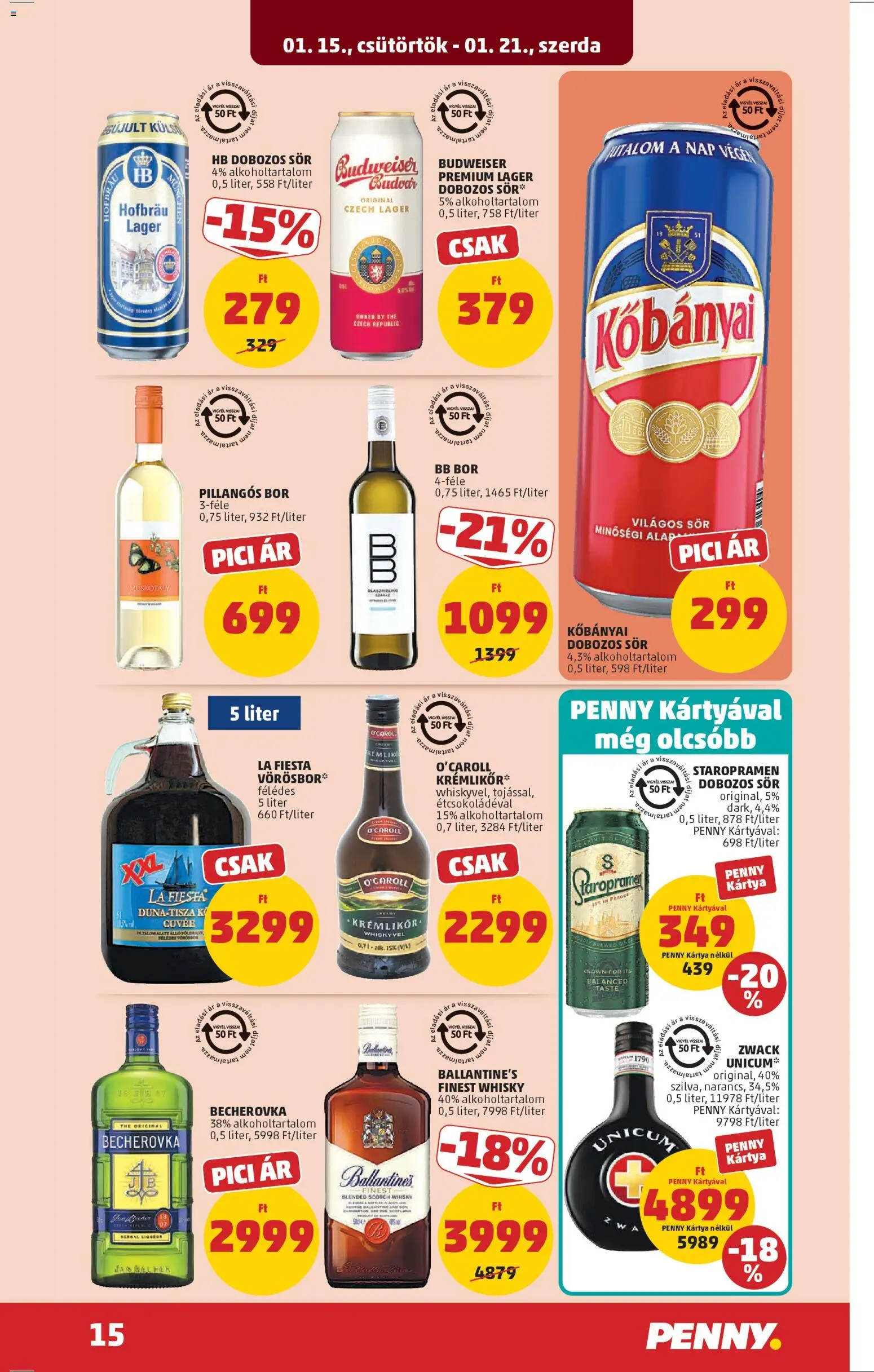 PENNY akciós ujság - amely érvényes a következő dátumtól: 15.01.2026 | Oldal: 19 | Termékek: Becherovka, Bor, Sör, Whisky