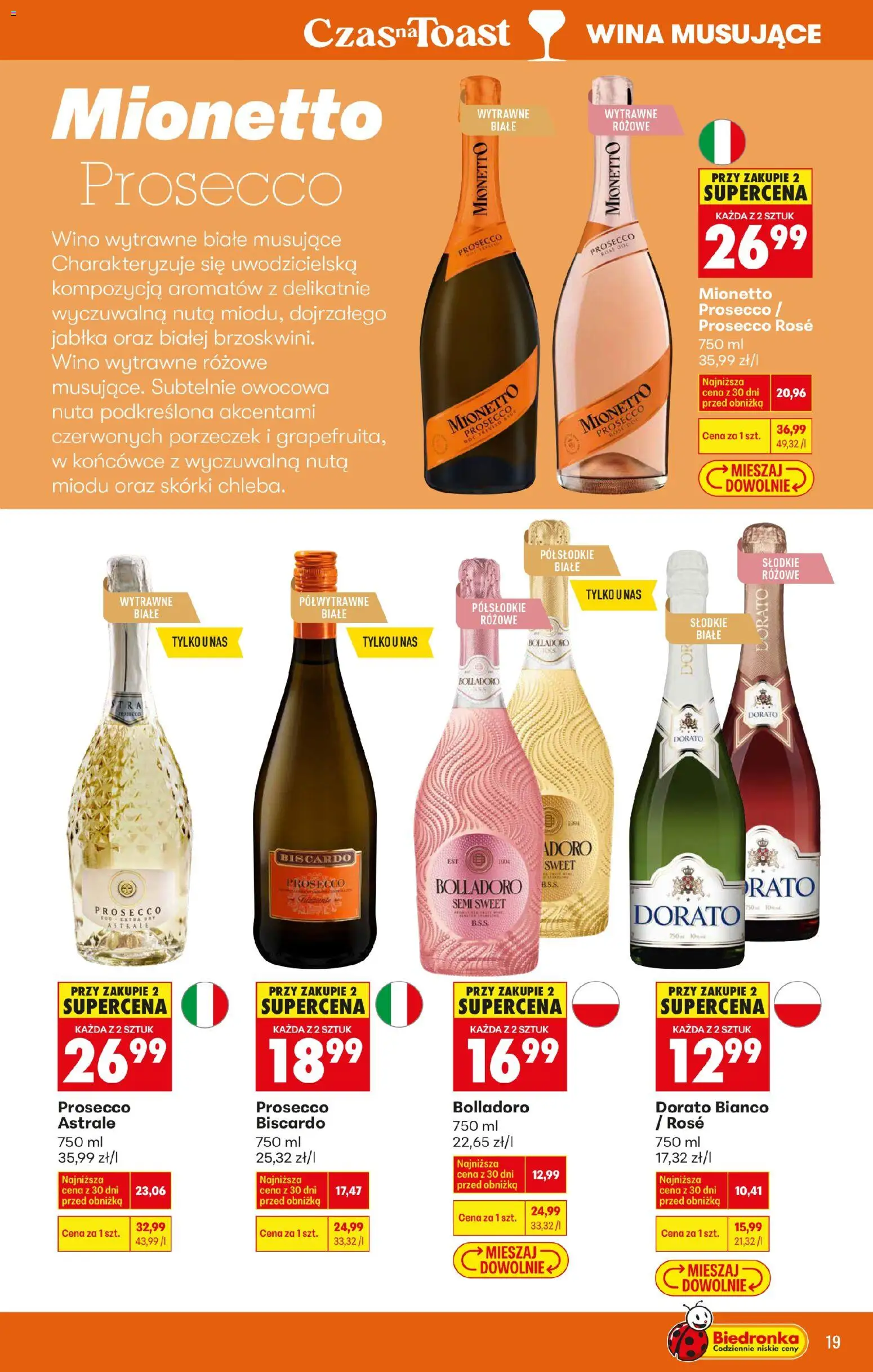Biedronka gazetka - Czas na toast od 26.01.2026 | Strona: 19 | Produkty: Mionetto prosecco, Wino, Jabłka, Prosecco