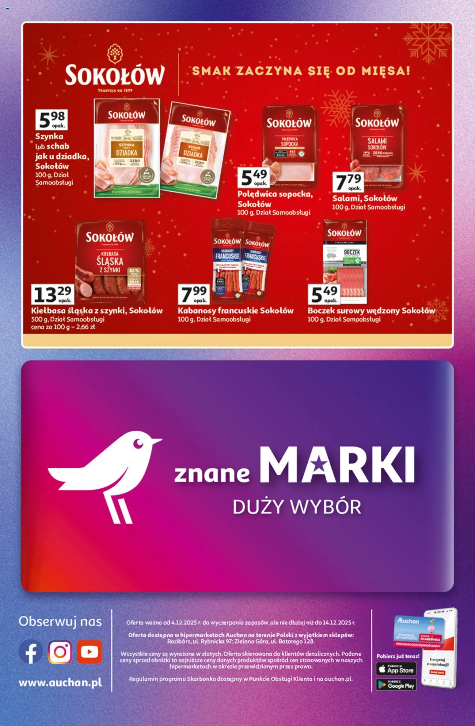 Auchan Gazetka - Znane Marki duży wybór Hipermarket od 04.12.2025 | Strona: 44 | Produkty: Kiełbasa, Schab, Szynka, Boczek surowy