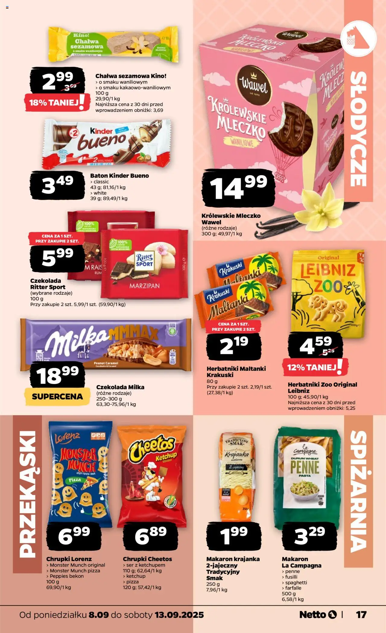 Netto gazetka - Spożywcza od 08.09.2025 | Strona: 17 | Produkty: Słodycze, Czekolada milka, Milka, Makaron