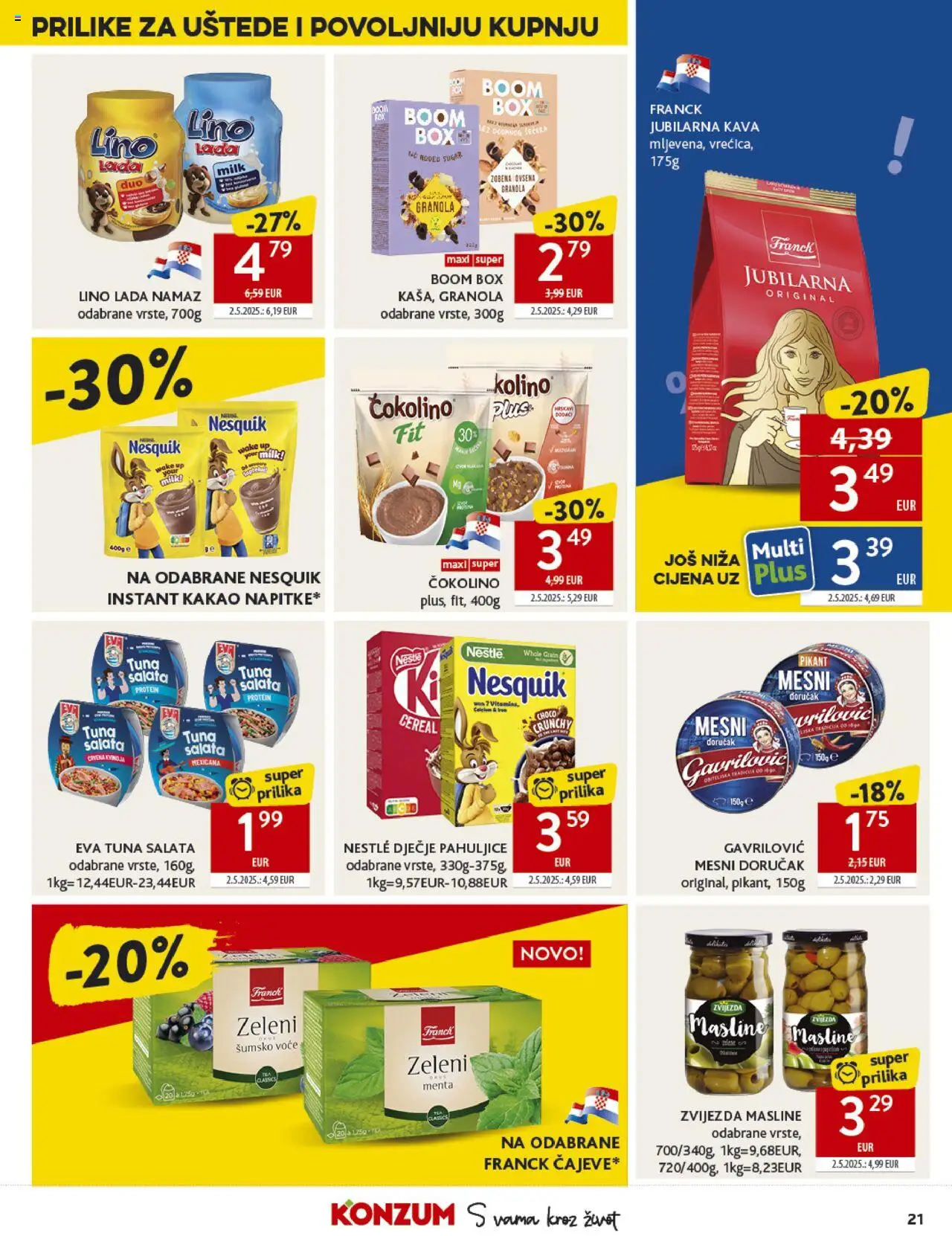 Konzum HR akciós ujság - amely érvényes a következő dátumtól: 24.09.2025 | Oldal: 21 | Termékek: Protein, Granola, Nesquik, Saláta