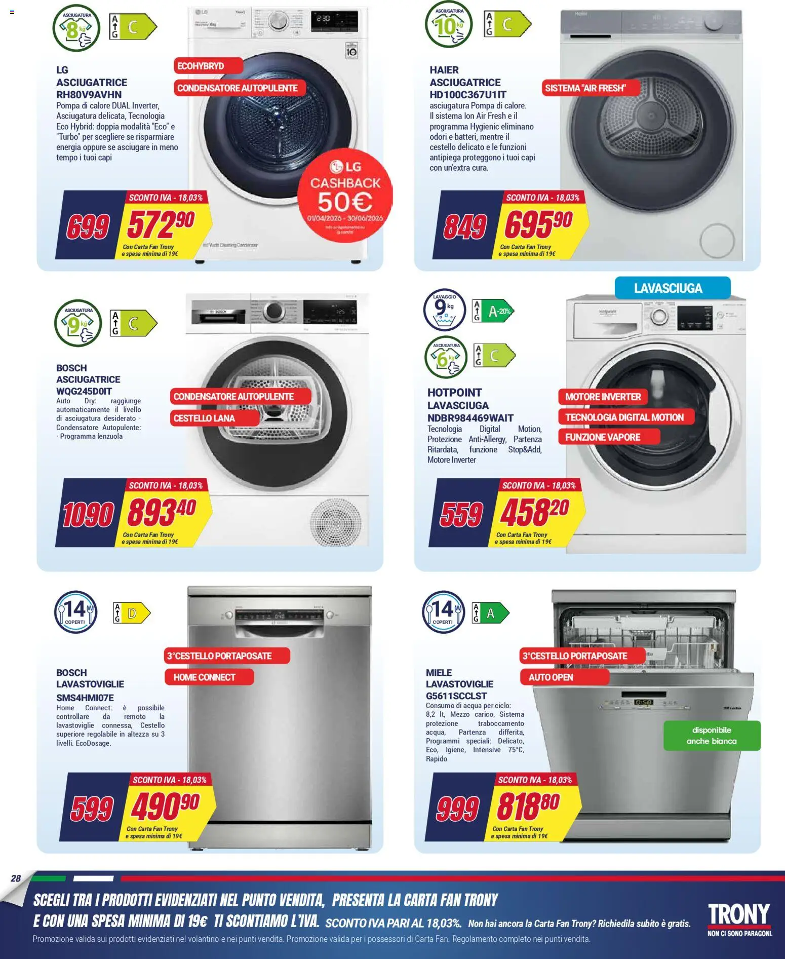 Volantino Trony del 02.04.2026 | Pagina: 28 | Prodotti: Acqua, Asciugatrice, Fan, Portaposate