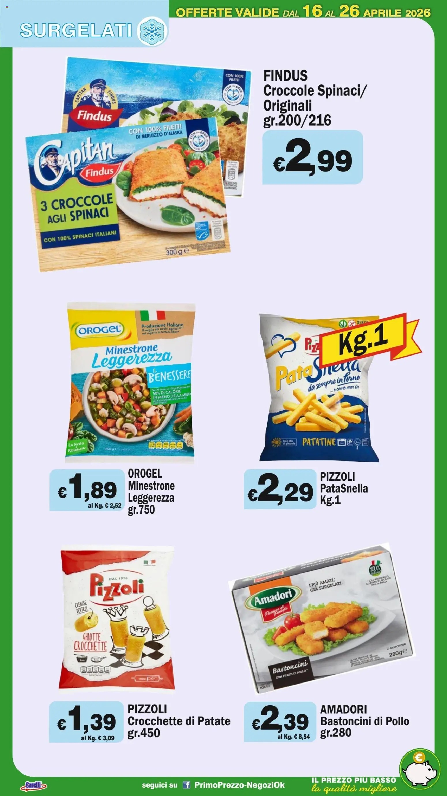 Volantino Primo Prezzo del 16.04.2026 | Pagina: 35 | Prodotti: Pollo, Merluzzo, Spinaci, Crocchette