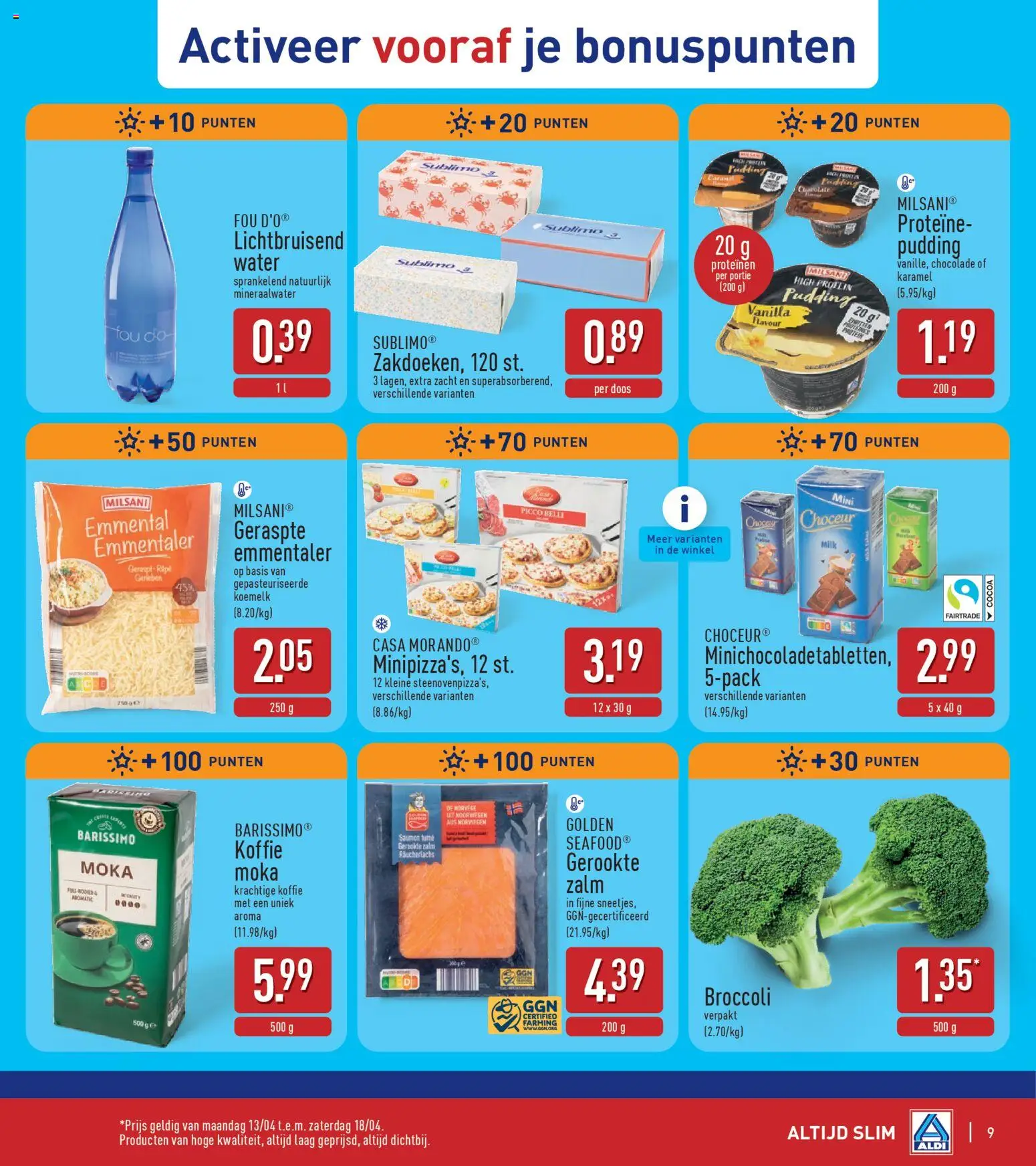 {H1} | Pagina: 9 | Producten: Zalm, Mineraalwater, Broccoli, Chocolade