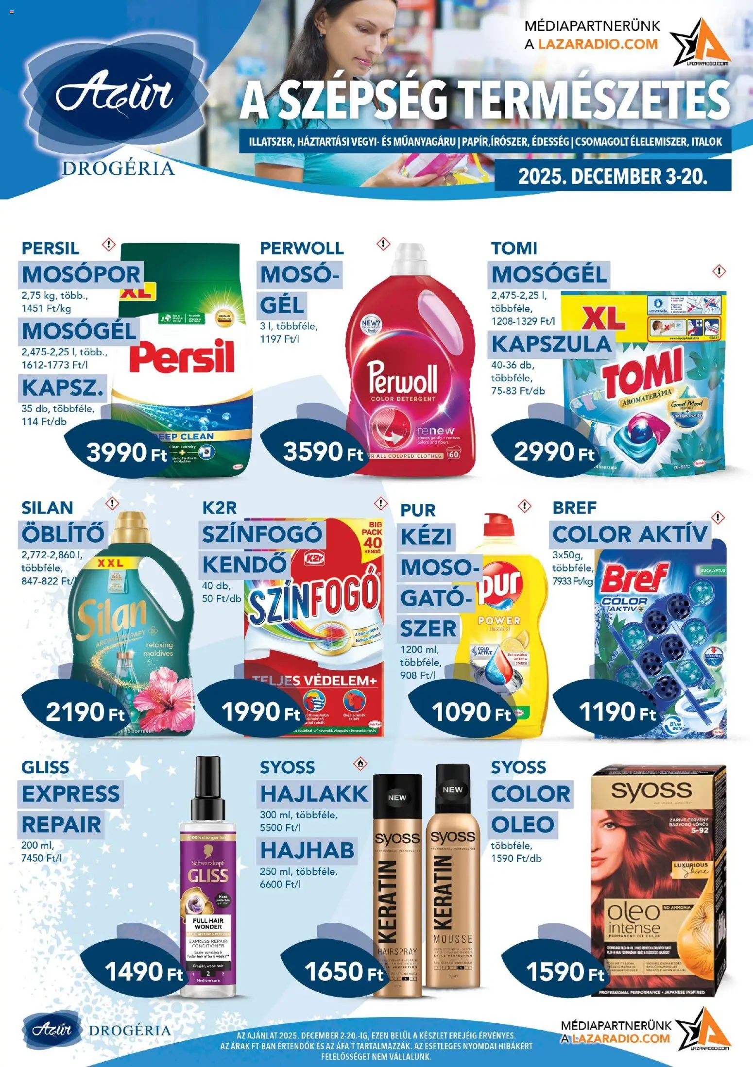 Azur akciós ujság - amely érvényes a következő dátumtól: 03.12.2025 | Oldal: 1 | Termékek: Perwoll, Édesség, Hajhab, Öblítő