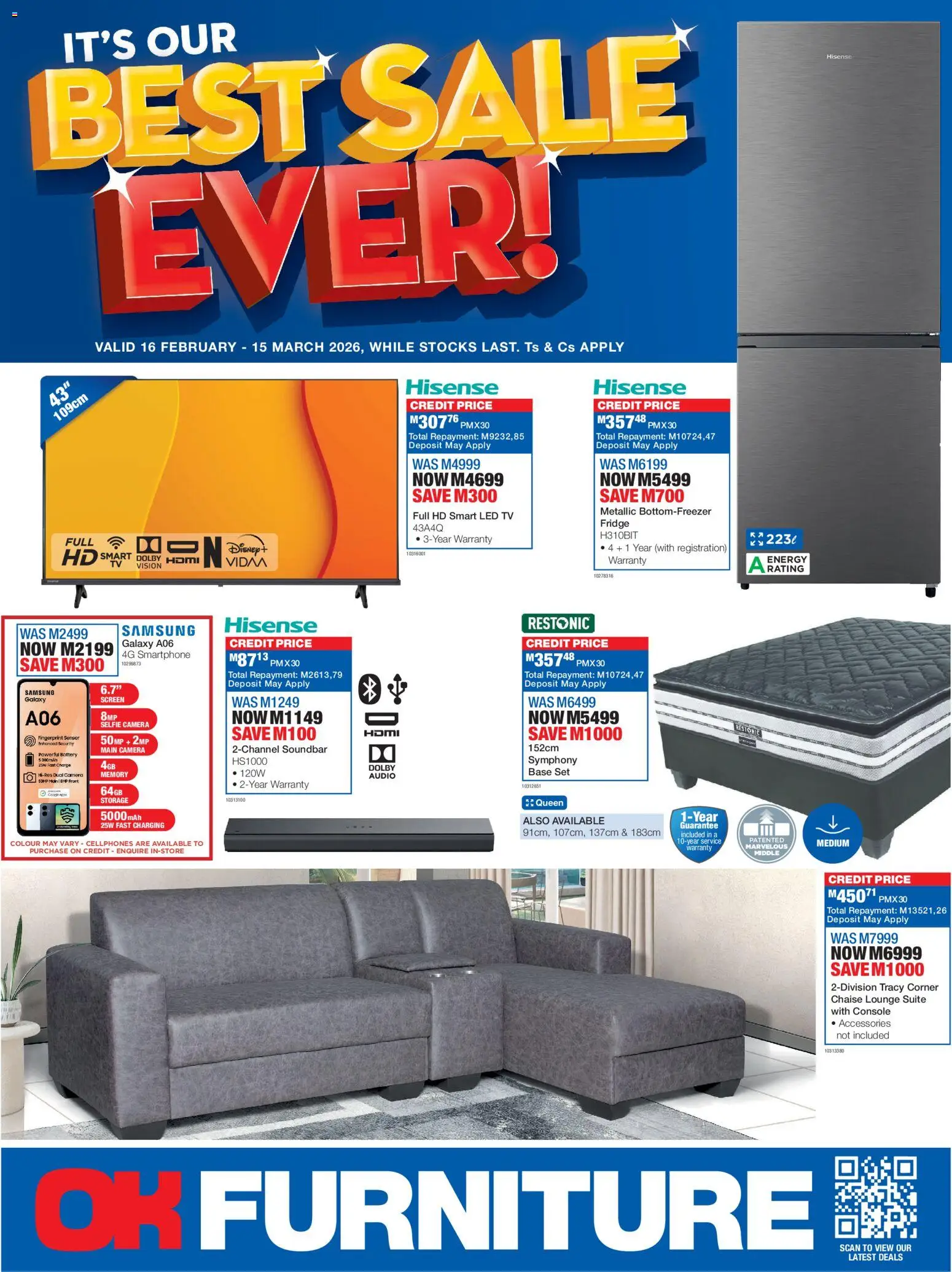 New OK Furniture catalogue – valid from 16.02.2026 | Page: 1 | Products: Fridge, Lounge suite, Soundbar, Chaise