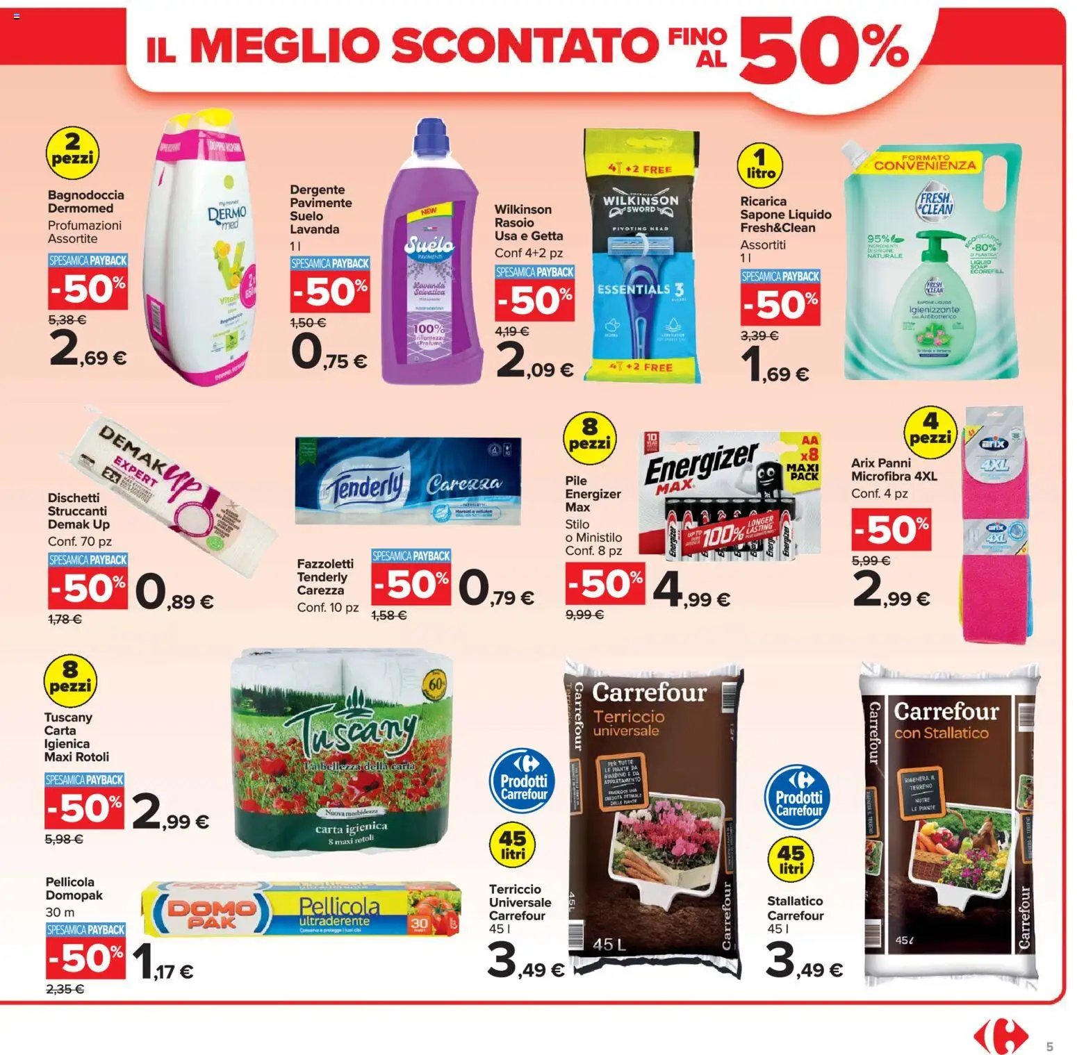 Volantino Carrefour del 07.04.2026 | Pagina: 5 | Prodotti: Carta igienica, Sapone, Pellicola, Profumo