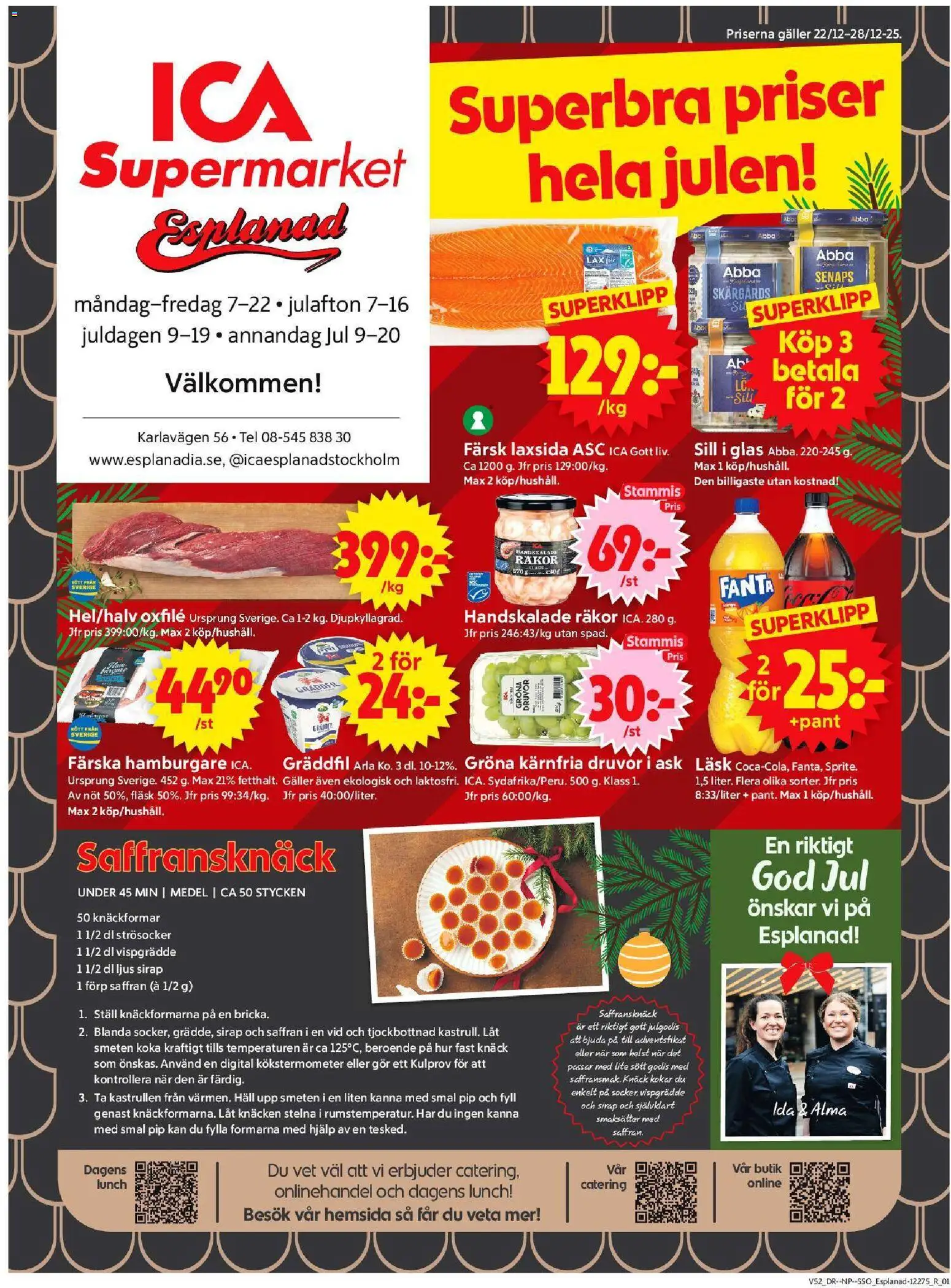 ICA Supermarket reklamblad aktuell från 22.12.2025 | Sida: 1 | Produkter: Galler, Räkor, Oxfilé, Fläsk