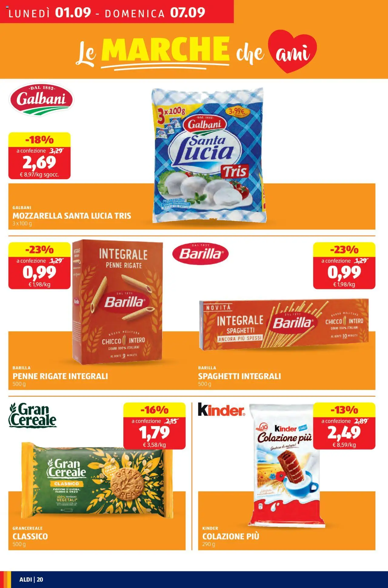 Volantino Aldi del 01.09.2025 | Pagina: 20 | Prodotti: Fiocchi, Mozzarella, Pasta, Farro