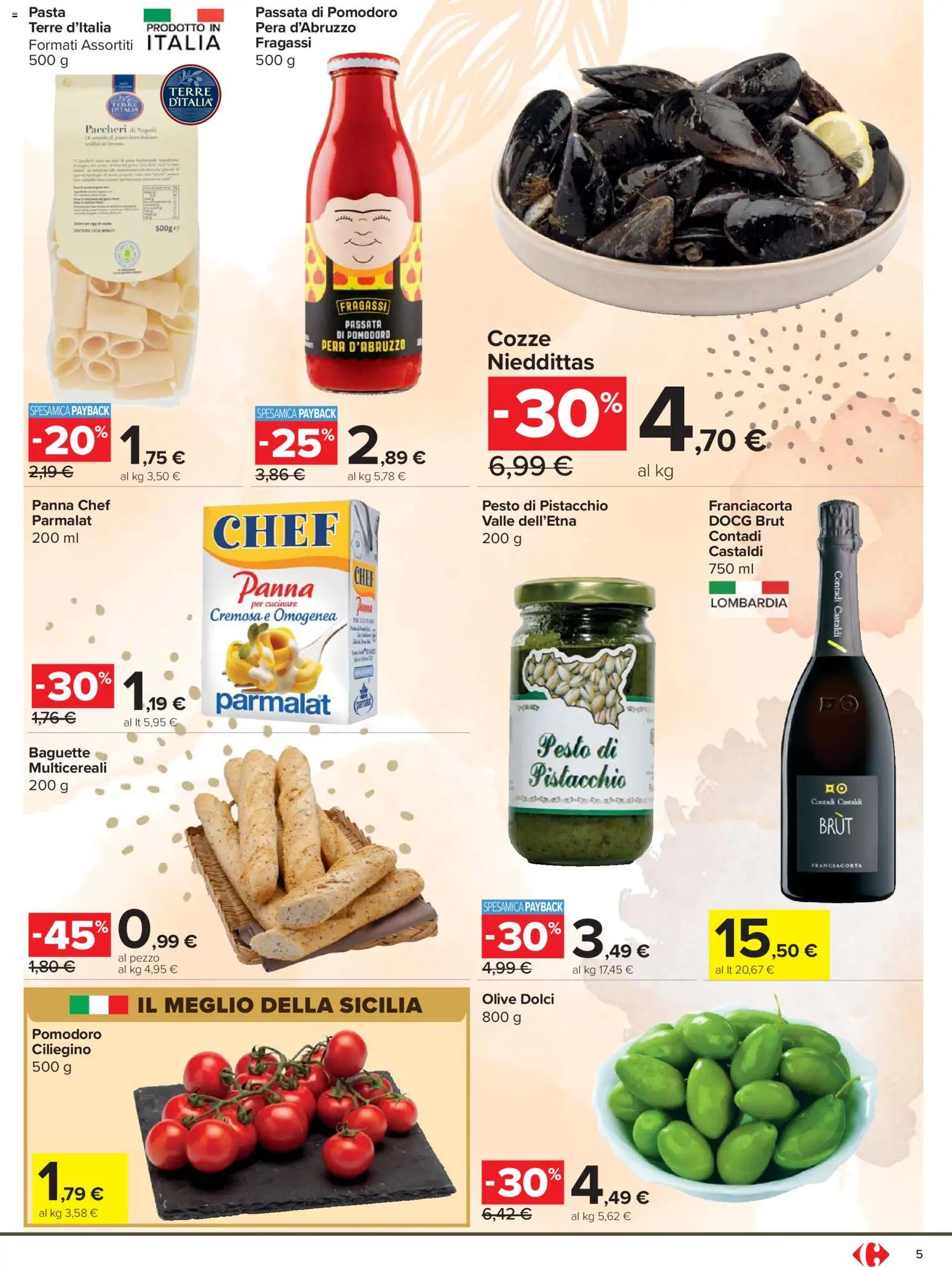 Volantino Carrefour del 24.03.2026 | Pagina: 5 | Prodotti: Cozze, Panna, Olive, Pasta