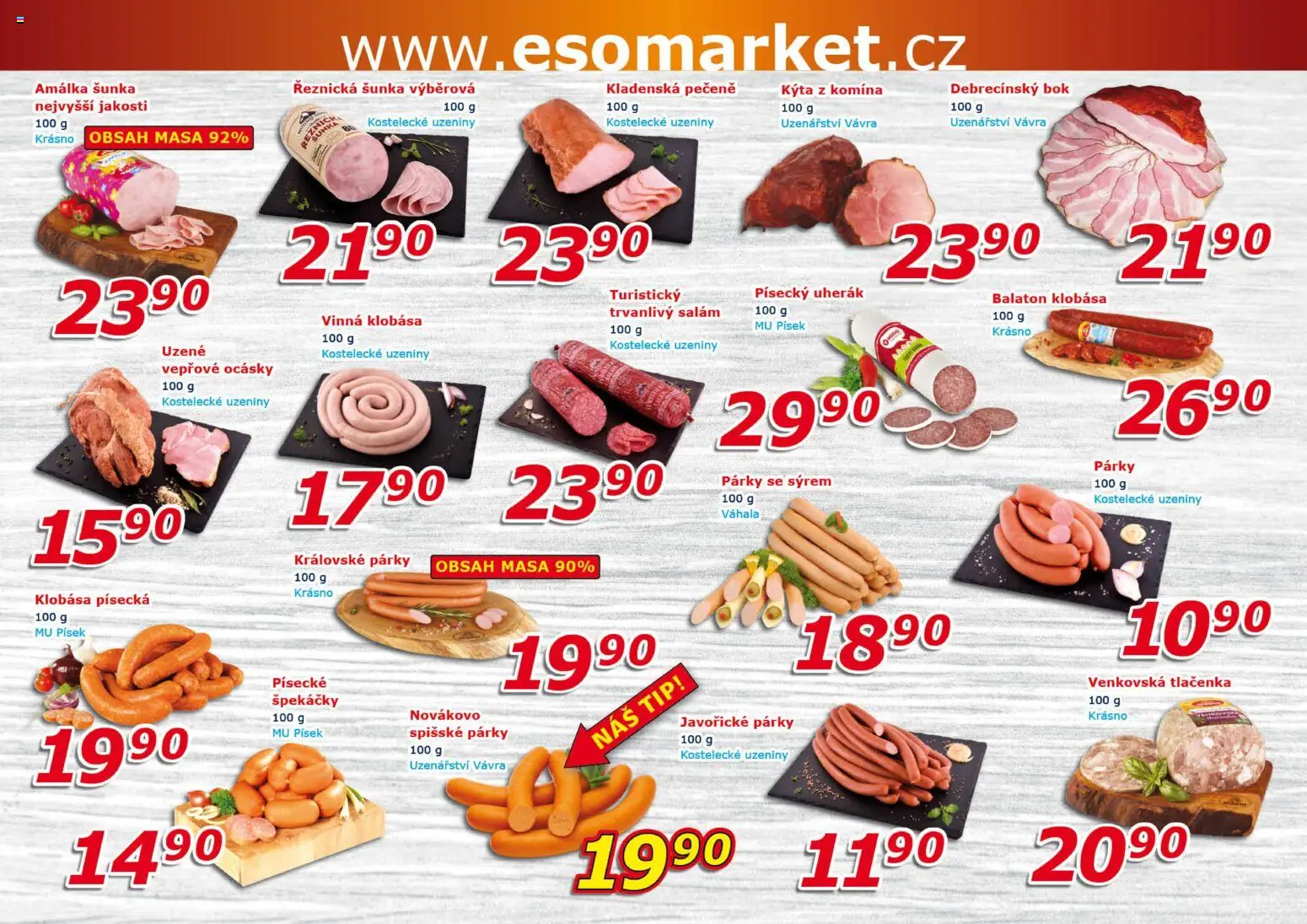 Eso market leták od 29.10.2025 | Strana: 2 | Produkty: Uherák, Šunka, Špekáčky, Klobása