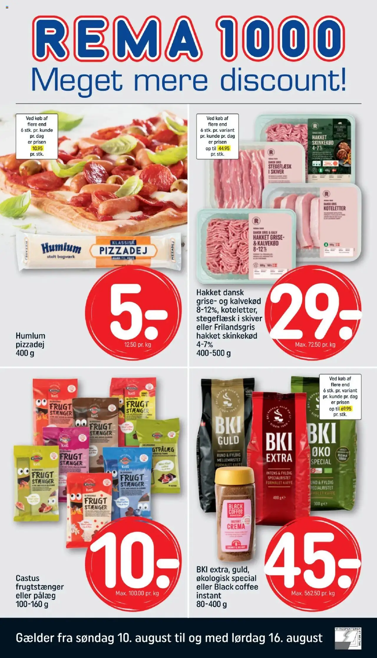 Rema 1000 Tilbudsavis gyldig fra 10.08.2025 | Side: 1 | Produkter: Kaffe, Koteletter, Pizzadej, Pålæg