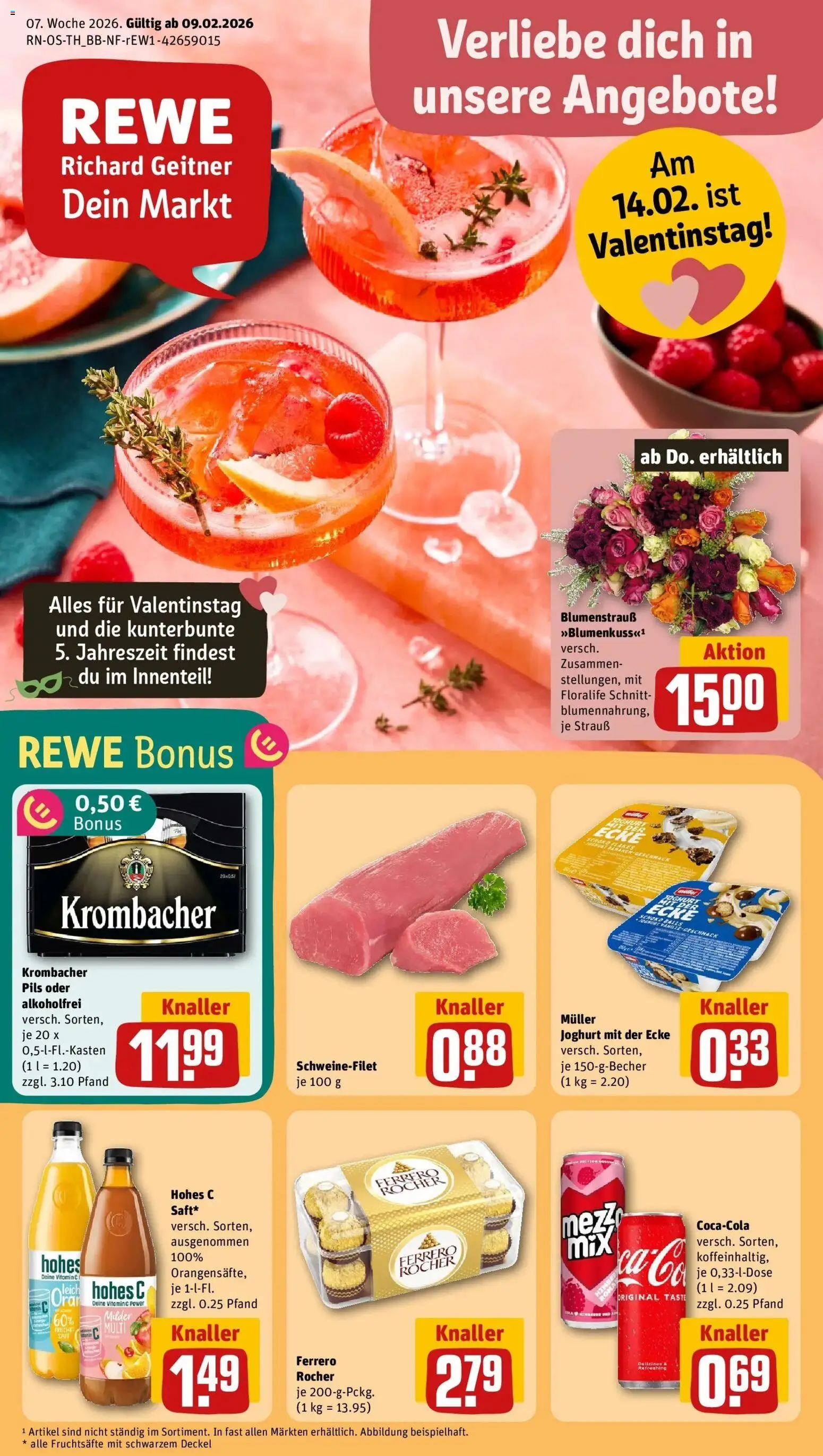 Rewe prospekt Stadtroda	 – gültig ab 09.02.2026 | Seite: 1 | Produkte: Ferrero rocher, Cola, Schweinefilet, Hohes c