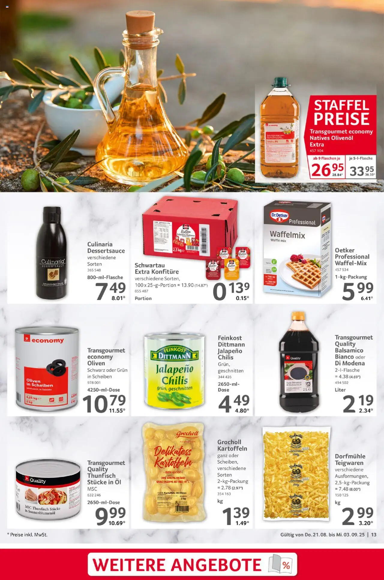 Selgros Gastronomie - gültig ab dem 21.08.2025 | Seite: 13 | Produkte: Öl, Thunfisch, Balsamico, Olivenol