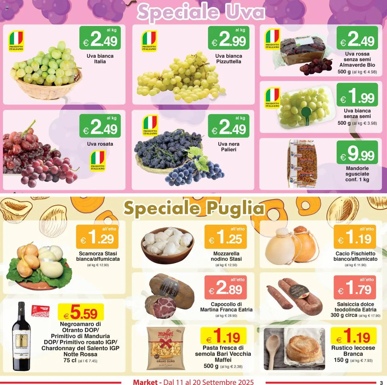 Volantino Sì con Te del 11.09.2025 | Pagina: 3 | Prodotti: Mozzarella, Salsiccia, Pasta, Mandorle