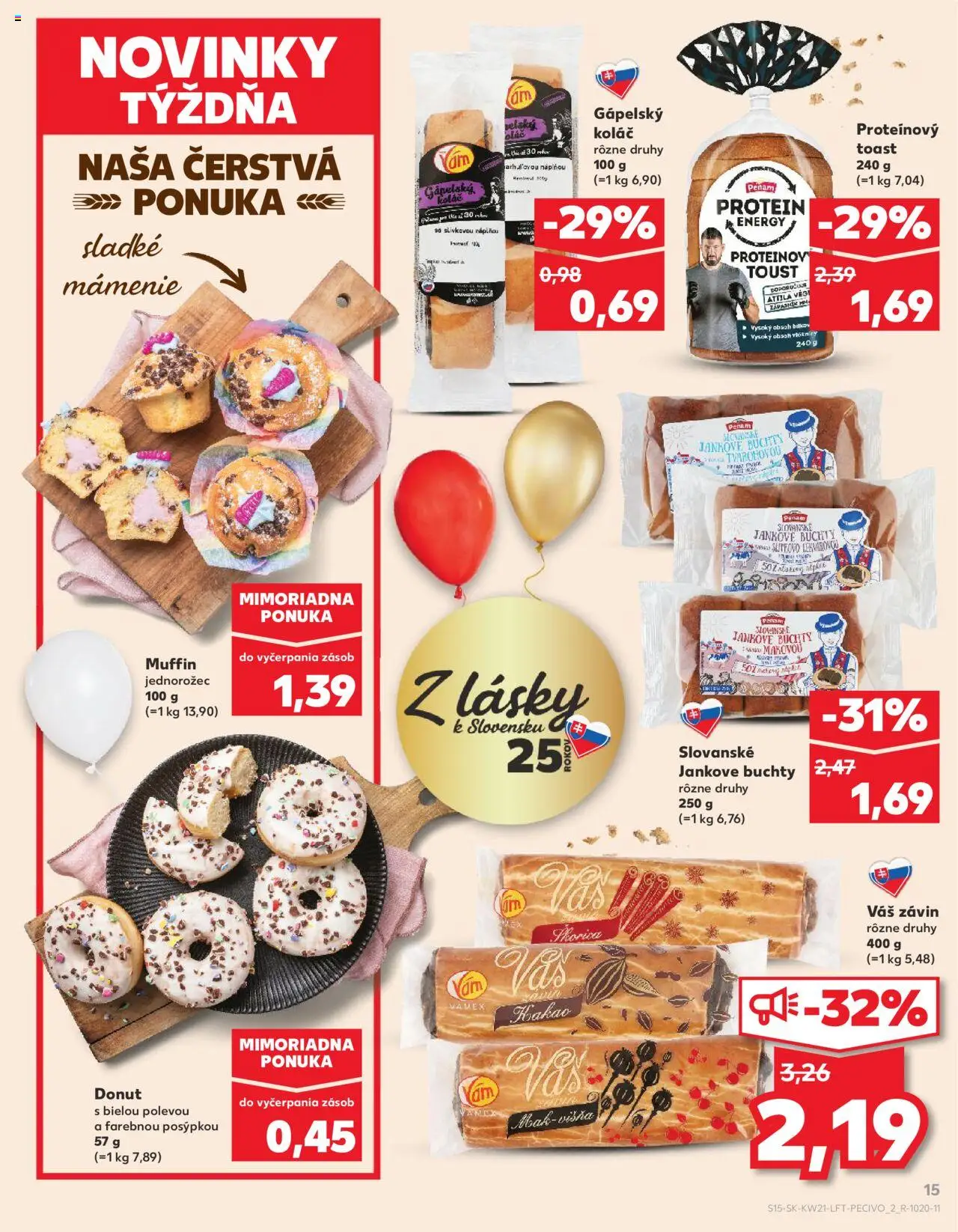 Nové Kaufland akcie – leták je platný od 22.05.2025 | Strana: 15 | Produkty: Donut, Závin, Protein, Koláč