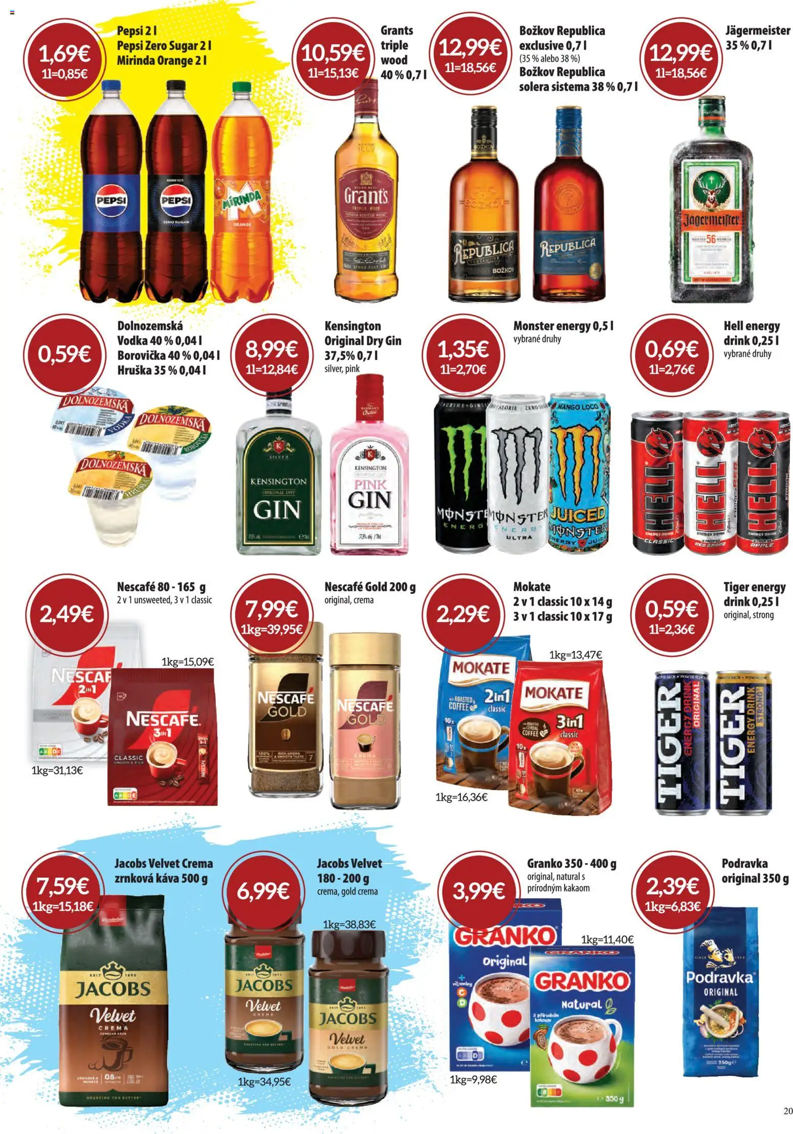 Nové CBA Komfos akcie – leták je platný od 06.11.2025 | Strana: 20 | Produkty: Jacobs Velvet, Jägermeister, Mirinda, Zrnková káva