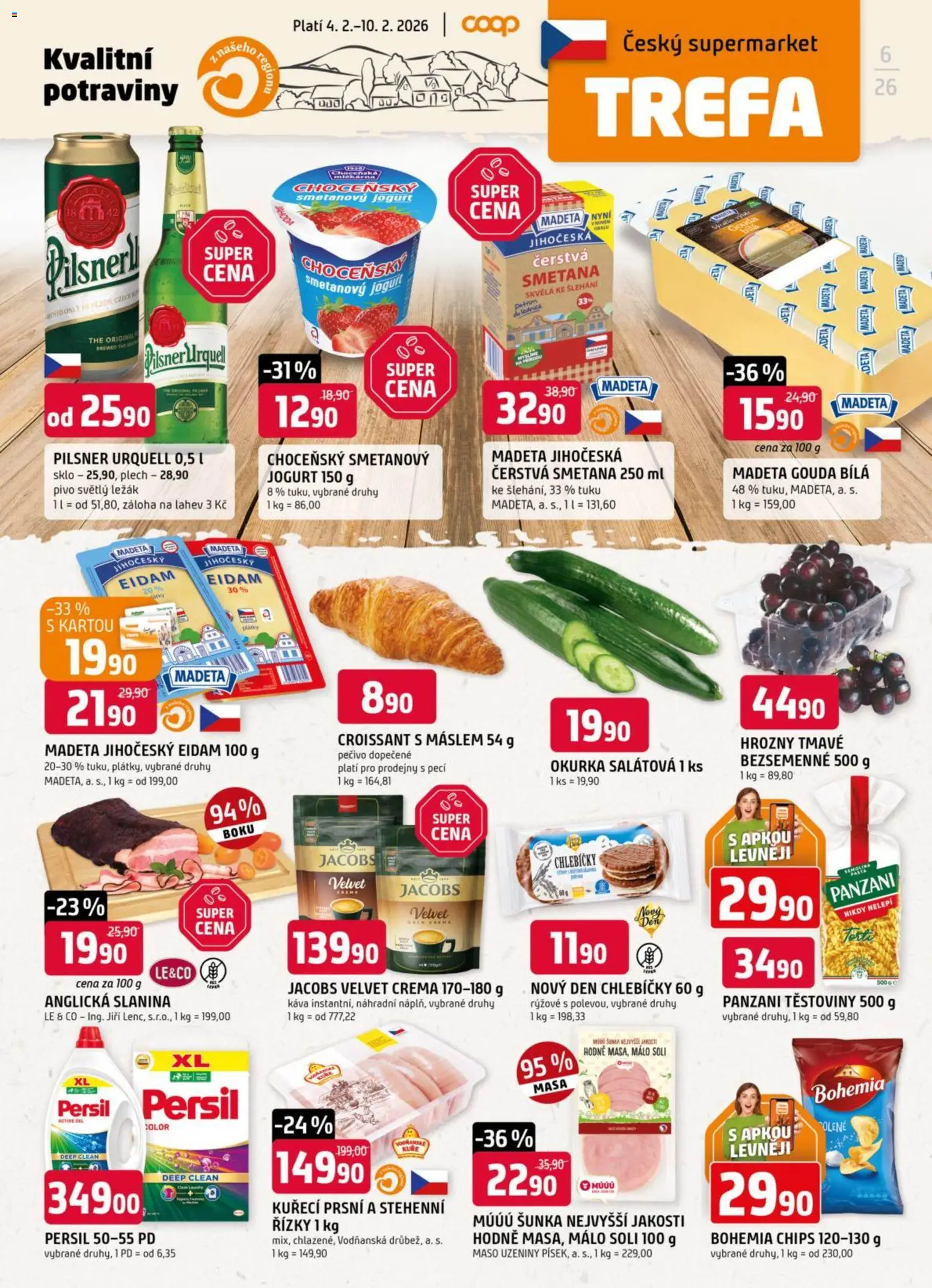 Trefa leták od 04.02.2026 | Strana: 1 | Produkty: Pečivo, Jacobs, Croissant, Okurka