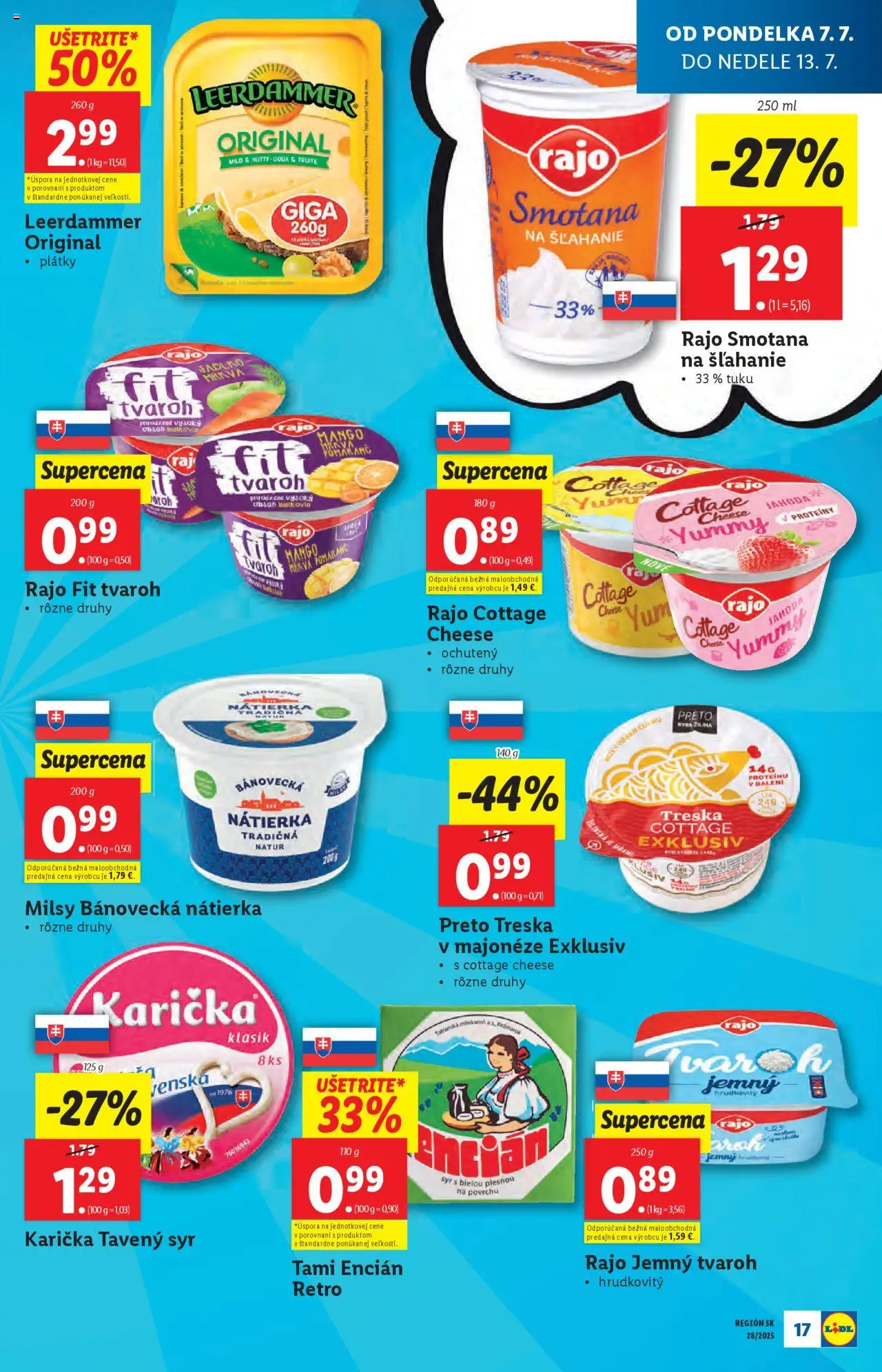 Lidl leták │ platný od 07.07.2025 | Strana: 17 | Produkty: Syr, Smotana, Treska, Smotana na šľahanie